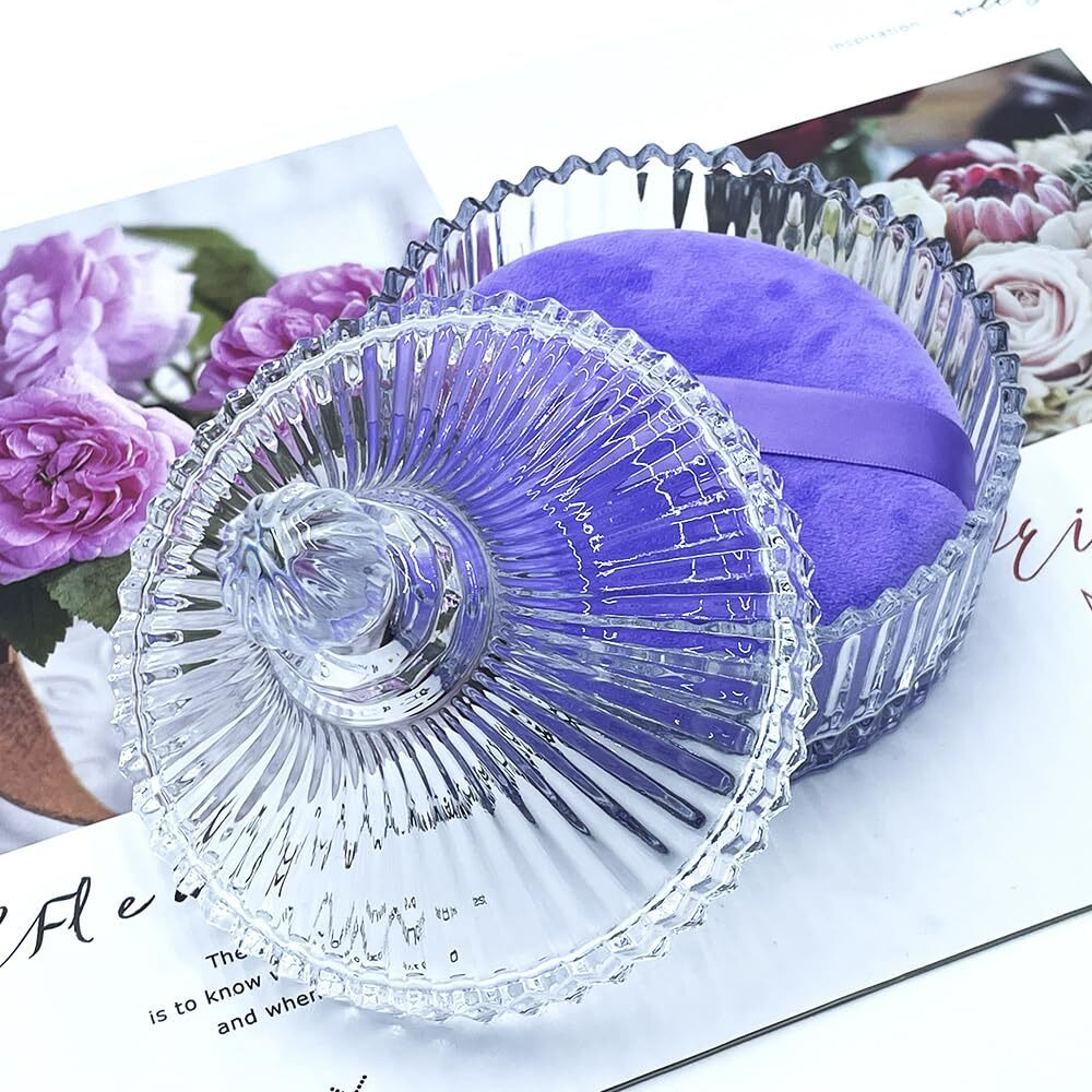 2 Pack Extra Large 5.2"" Purple Powder Puffs And 5.3"" Glass Container - Oversized Soft Body & Face Large Powder Puff Dusting Powder Jar Holder Case(Clear Glass)