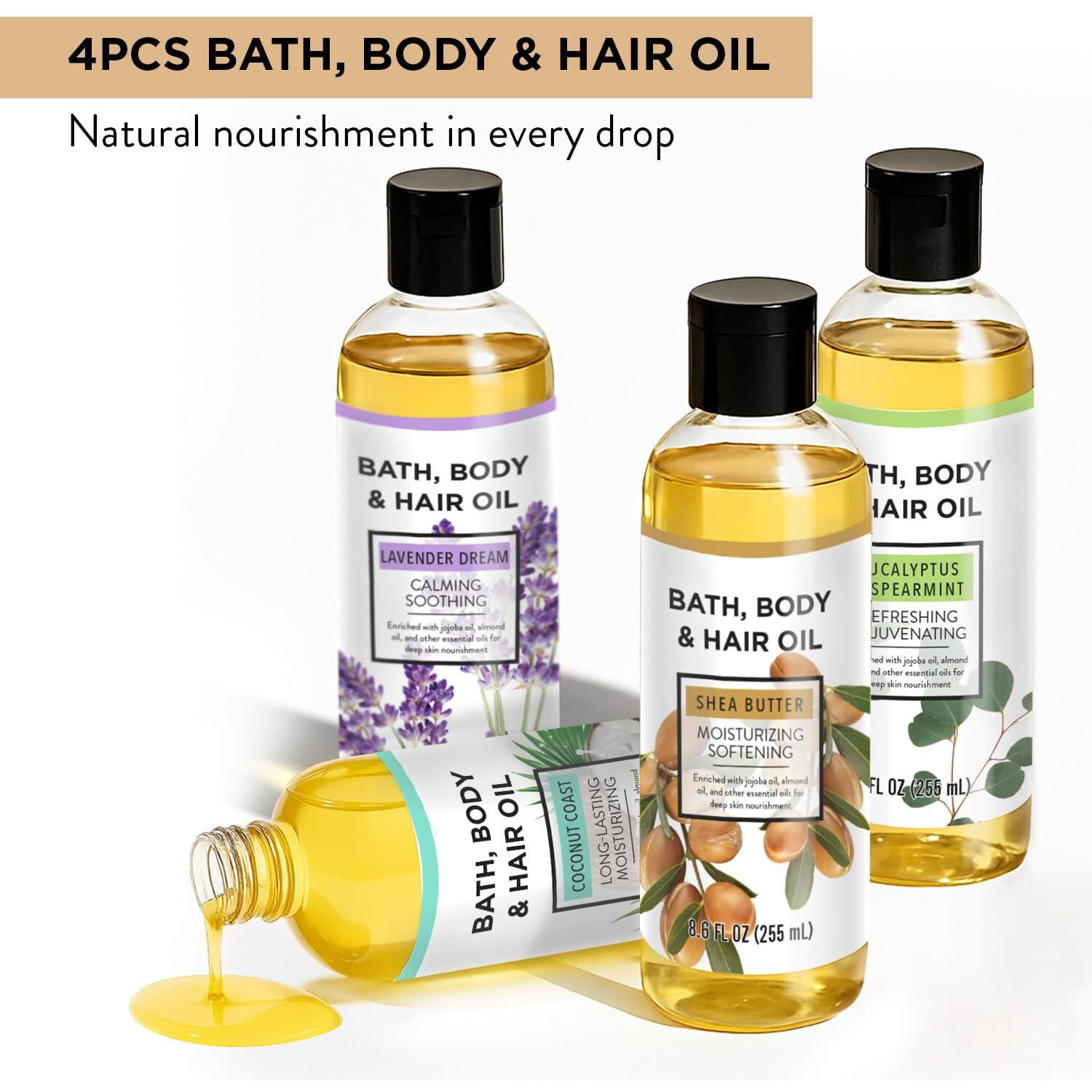 Autumn Shower Bath Oil Body Oil With Shea Butter, Lavender, Eucalyptus Mint, Coconut Scent Bath Oils, Mother's Day Gifts For Women, 25.8 Fl Oz (Pack Of 4)