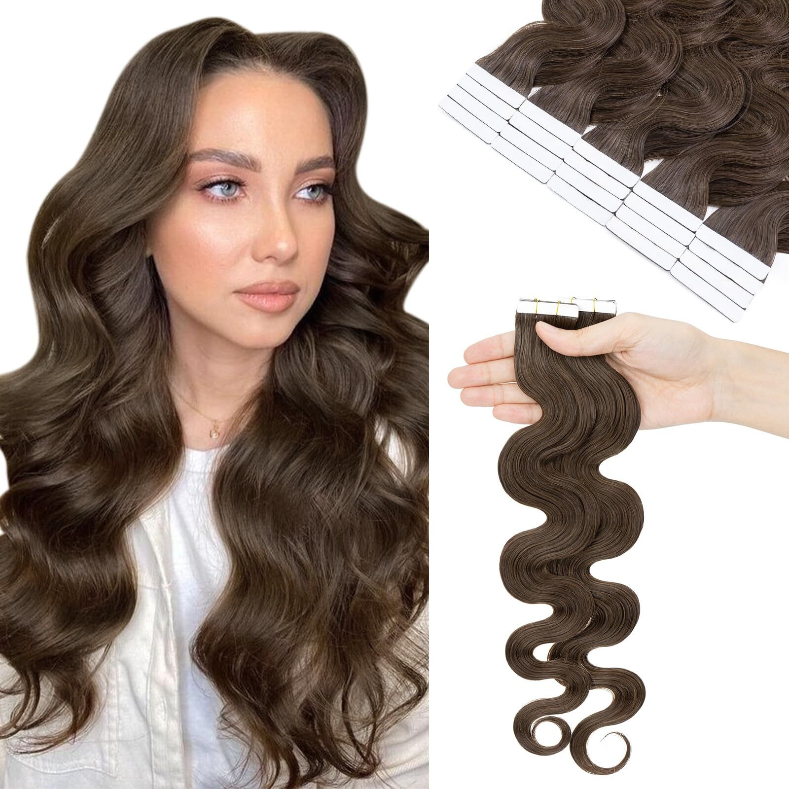 Hairro Tape In Hair Extensions Body Wave Human Hair 100G 40Pcs 18 Inch Cocoa Brown Wavy Hair Seamless Skin Weft Glue In Human Hairpieces With Double Sided Tape