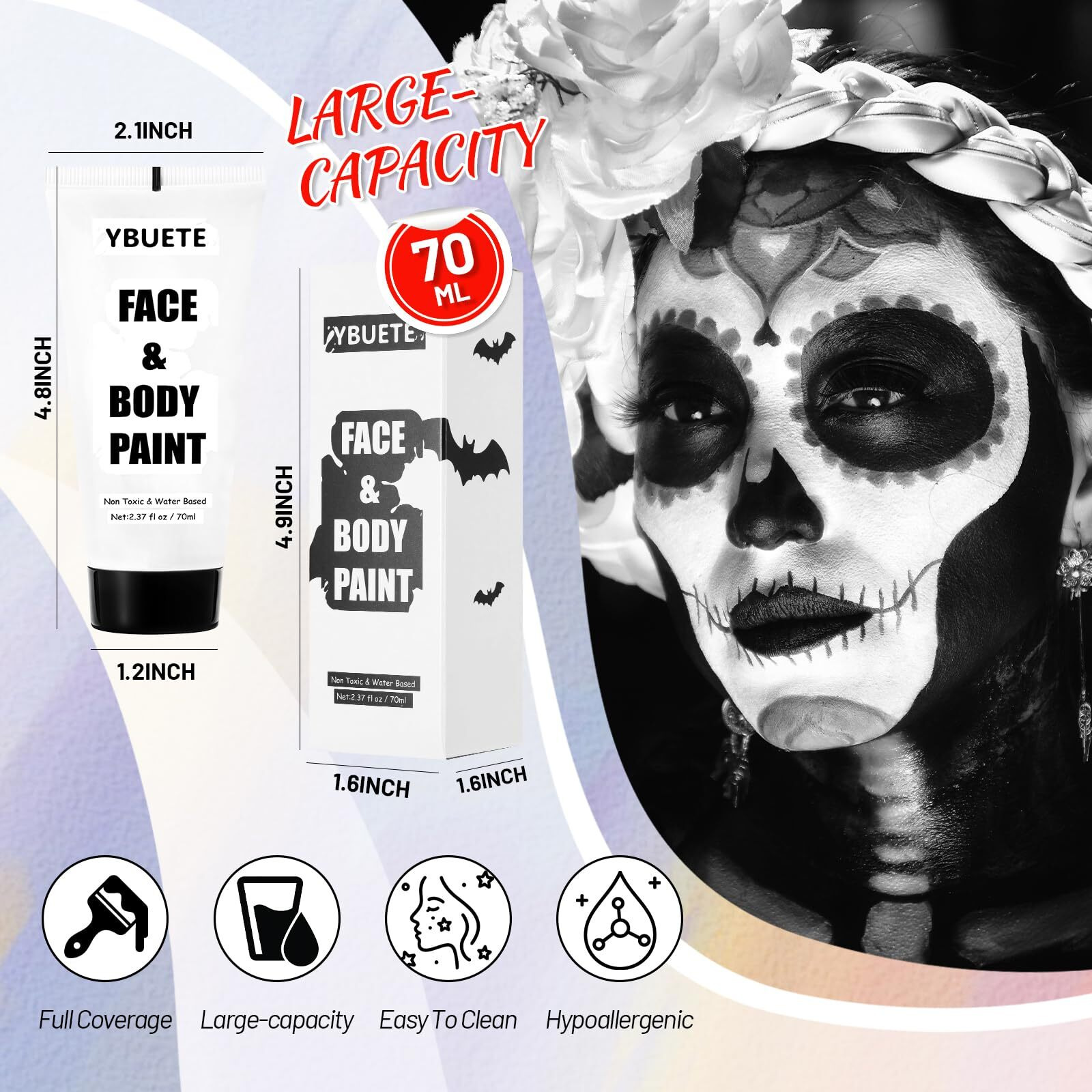 Ybuete White Water Based Face Body Paint, 2.37 Oz Washable Large Tube Full Coverage Face Paint Cream For Adult Carnival Cosplay Halloween Sfx Skull Joker Zombie Vampire Skeleton Goth Makeup