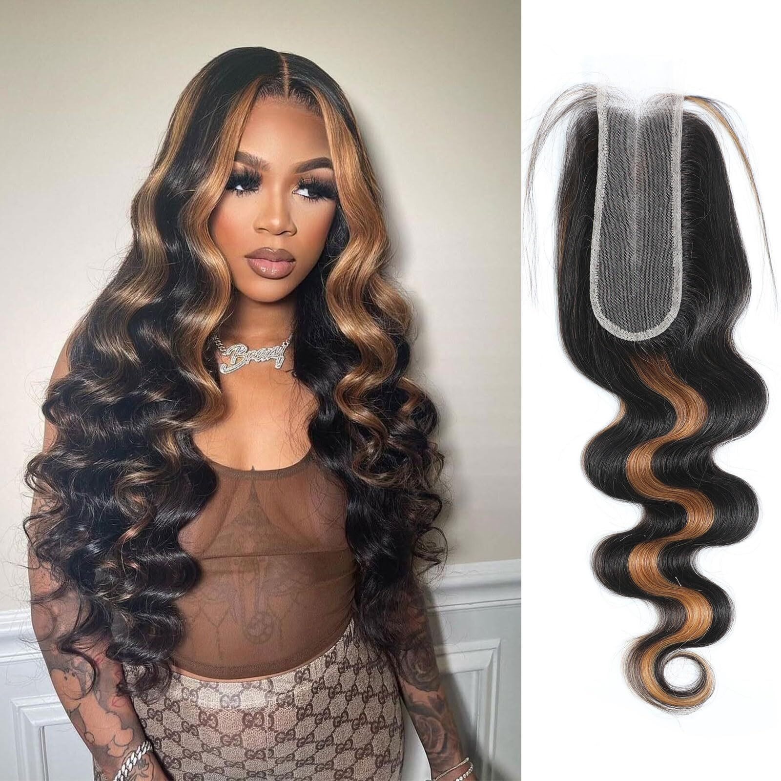 Dsekcain Body Wave 2X6 Hd Lace Closure P1B/30 Highlight Brown Black Human Hair Transparent Lace Closure 2X6 Long Deep Middle Part 100% Raw Virgin Human Hair 12 Inch 150% Density
