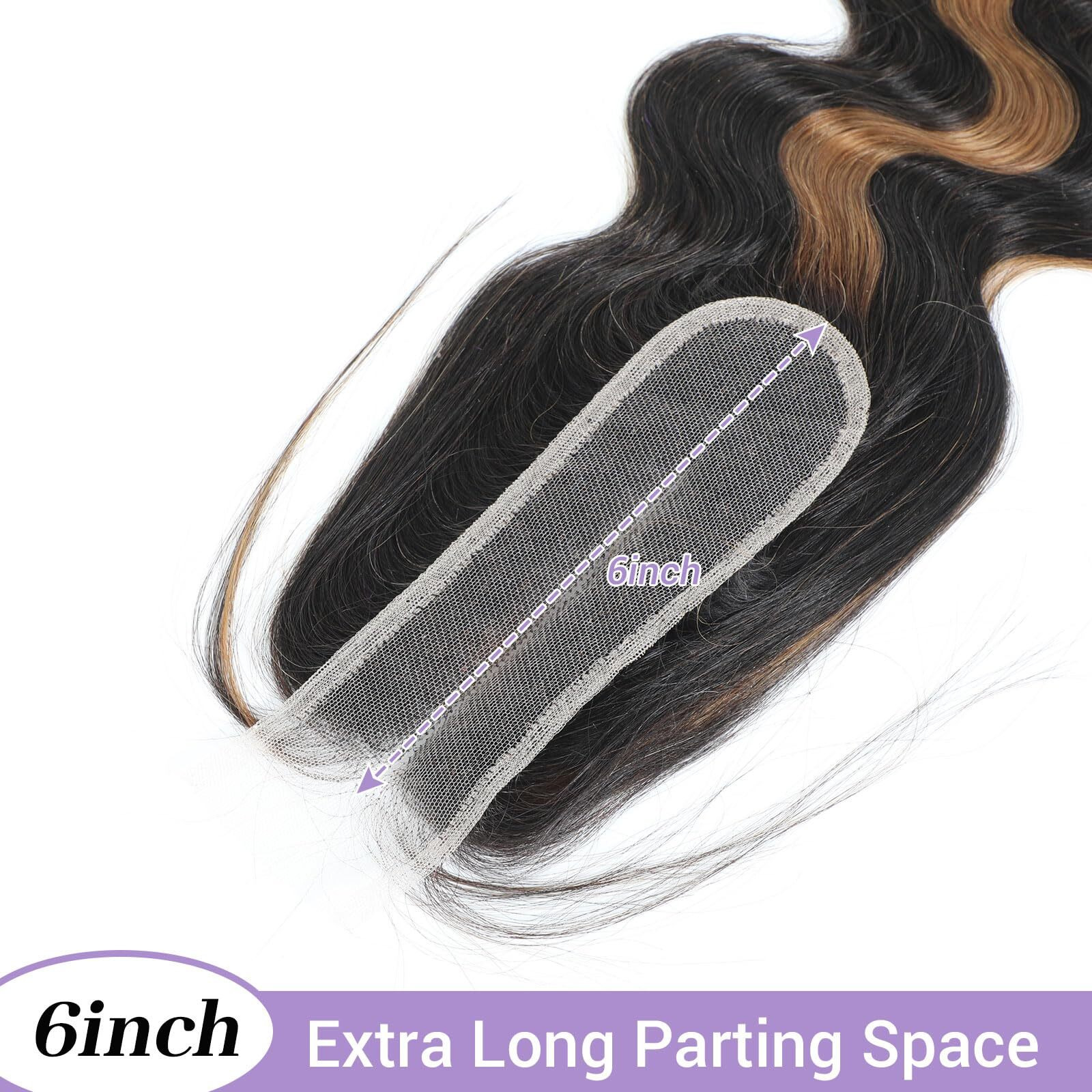 Dsekcain Body Wave 2X6 Hd Lace Closure P1B/30 Highlight Brown Black Human Hair Transparent Lace Closure 2X6 Long Deep Middle Part 100% Raw Virgin Human Hair 12 Inch 150% Density