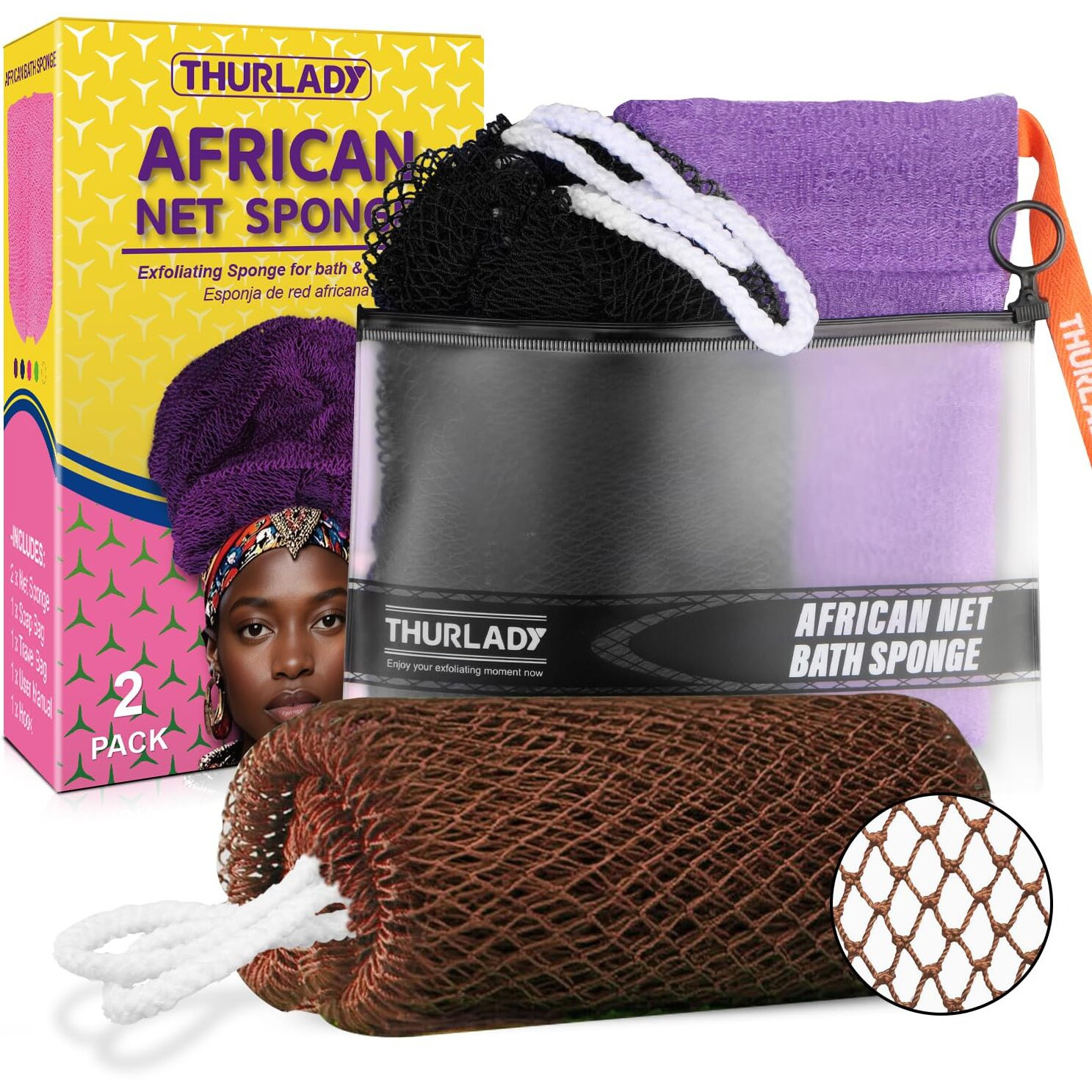 Thurlady African Net Sponge Authentic With Knots, African Scrub Bath Net, 2 Pieces Exfoliating Body Back Scrubber For Shower, Gentle Exfoliating Washcloth, With 1 Soap Bag (Black & Coffee)
