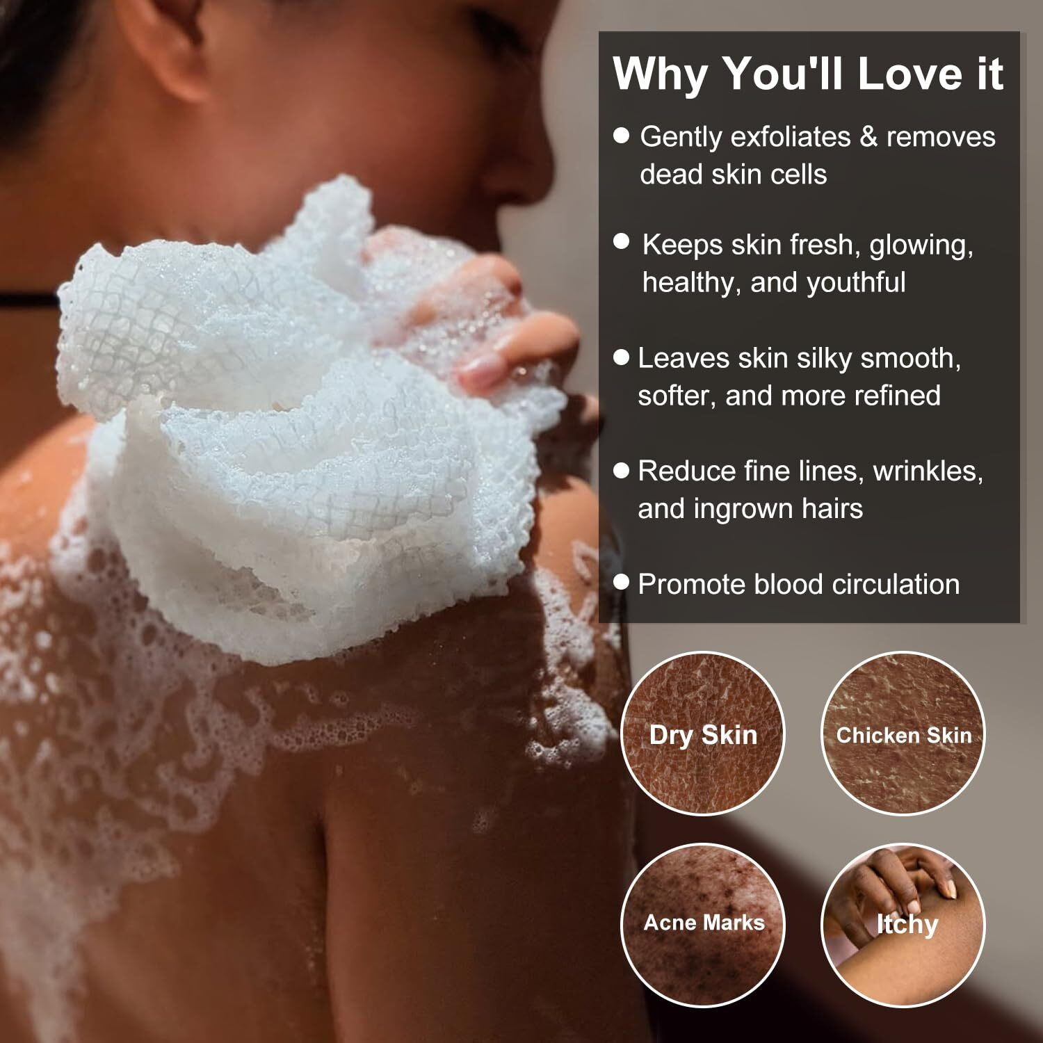 Thurlady African Net Sponge Authentic With Knots, African Scrub Bath Net, 2 Pieces Exfoliating Body Back Scrubber For Shower, Gentle Exfoliating Washcloth, With 1 Soap Bag (Black & Coffee)