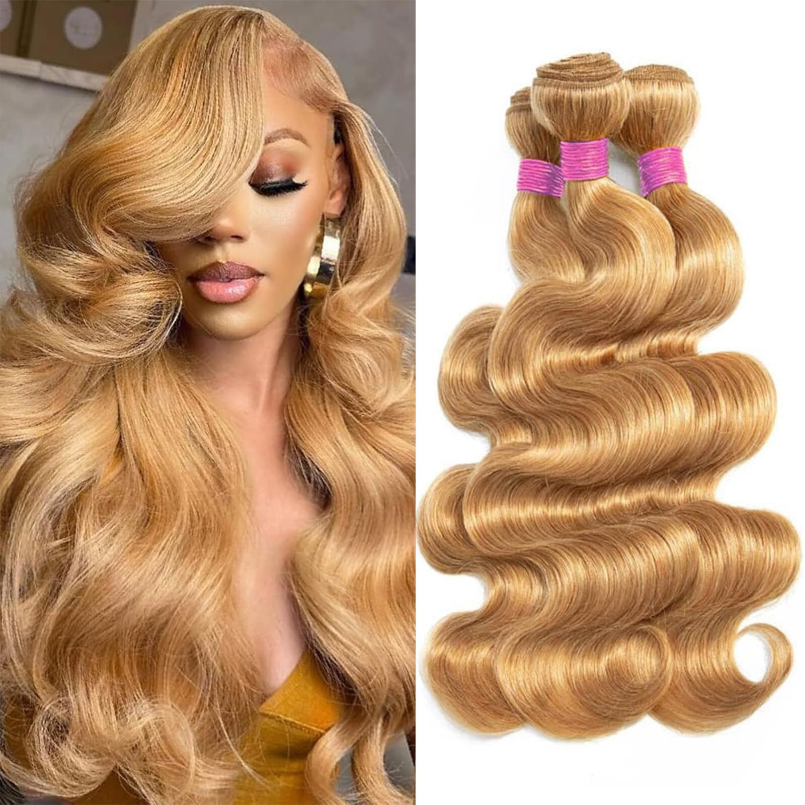 Vallbest Honey Blonde Bundles Human Hair 27 Body Wave Bundles 14 16 18 Inch 3 Bundles 100% Unprocessed Brazilian Virgin Hair 12A Virgin Raw Remy Weave Human Hair Extensions For Women