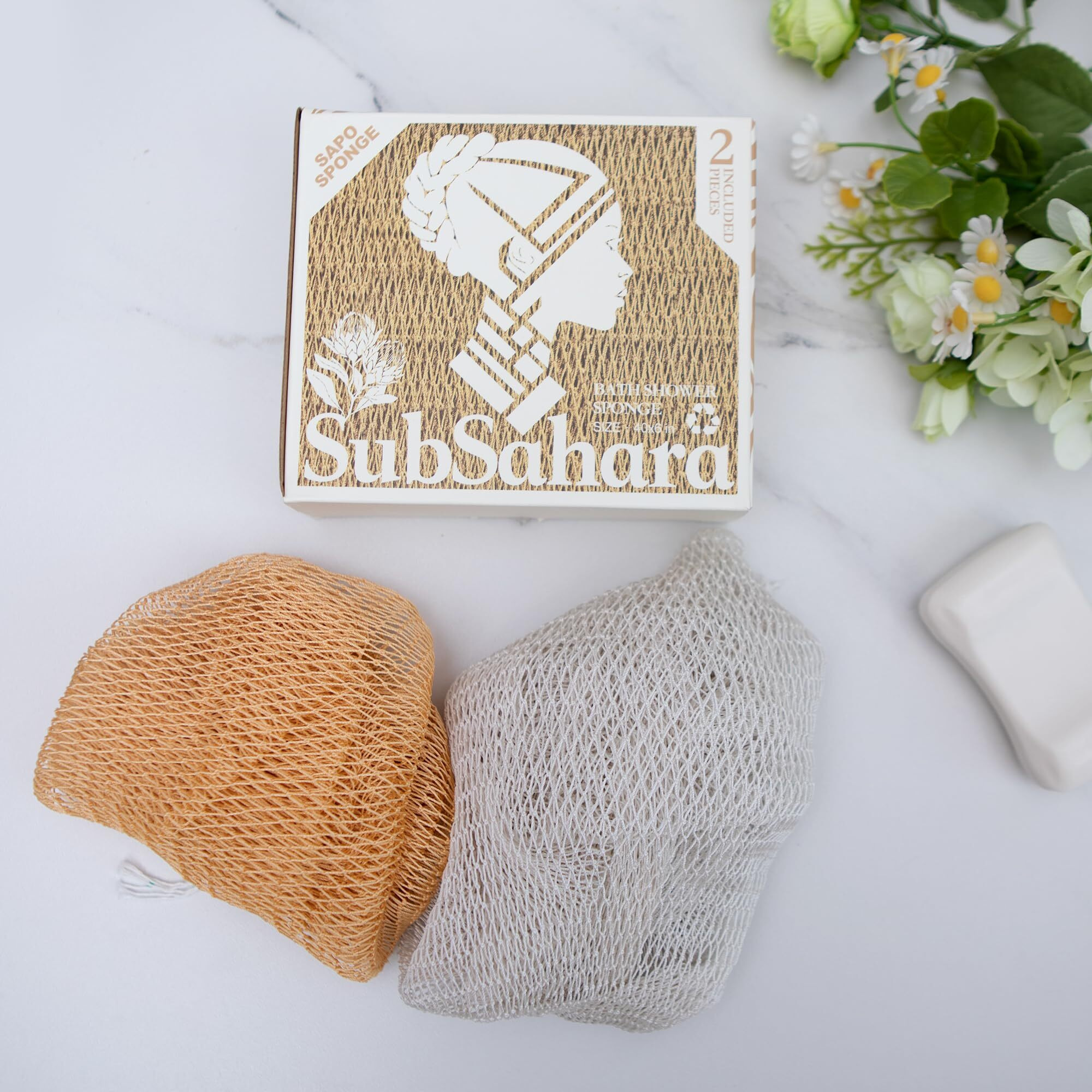 Subsahara Authentic African Net Sponge - 2 Pieces Exfoliating Scrubber For All Skin Types, Bath Sponge For Face & Body, Travel Portable, Durable, Gentle Exfoliation (Golden & Milky White)