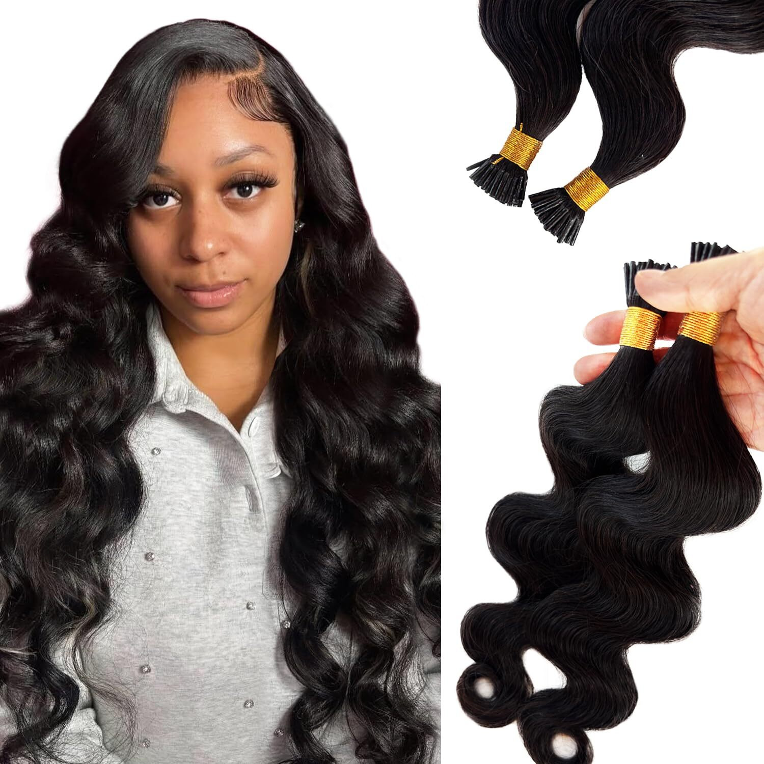I Tip Hair Extensions Body Wave Real Human Hair I Tip Extension Natural Black 14 Inch Body Wave I Tips Keratin Human Hair Extensions For Black Women 100 Strands 50Grams