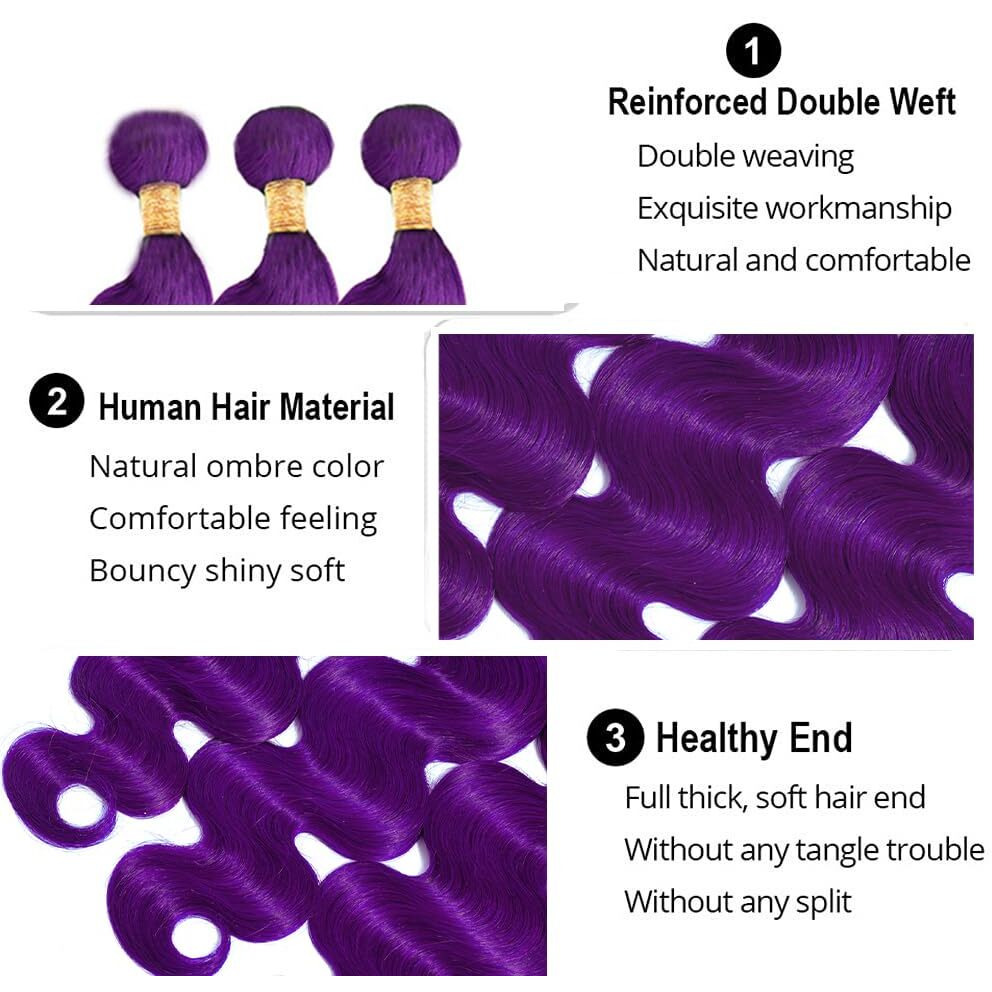 Purple Human Hale Bundles Color Purple Body Wave Bundle Brazilian Unprocessed Virgin Hair 3 Bundles 16 18 20 Inch Dark Purple Bundle Hair Extensions