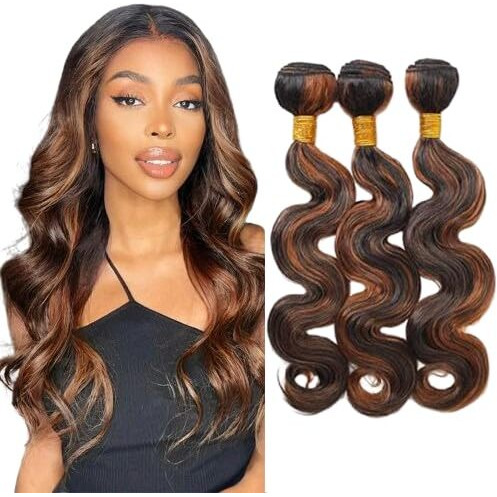 Niciitysi 12 14 16 Inch Highlight P1B30 Body Wave Bundles Human Hair Ombre Two Tone Black And Brown Bundles Double Weft Brazilian Hair Extensions Silky And Soft Light Brown Color
