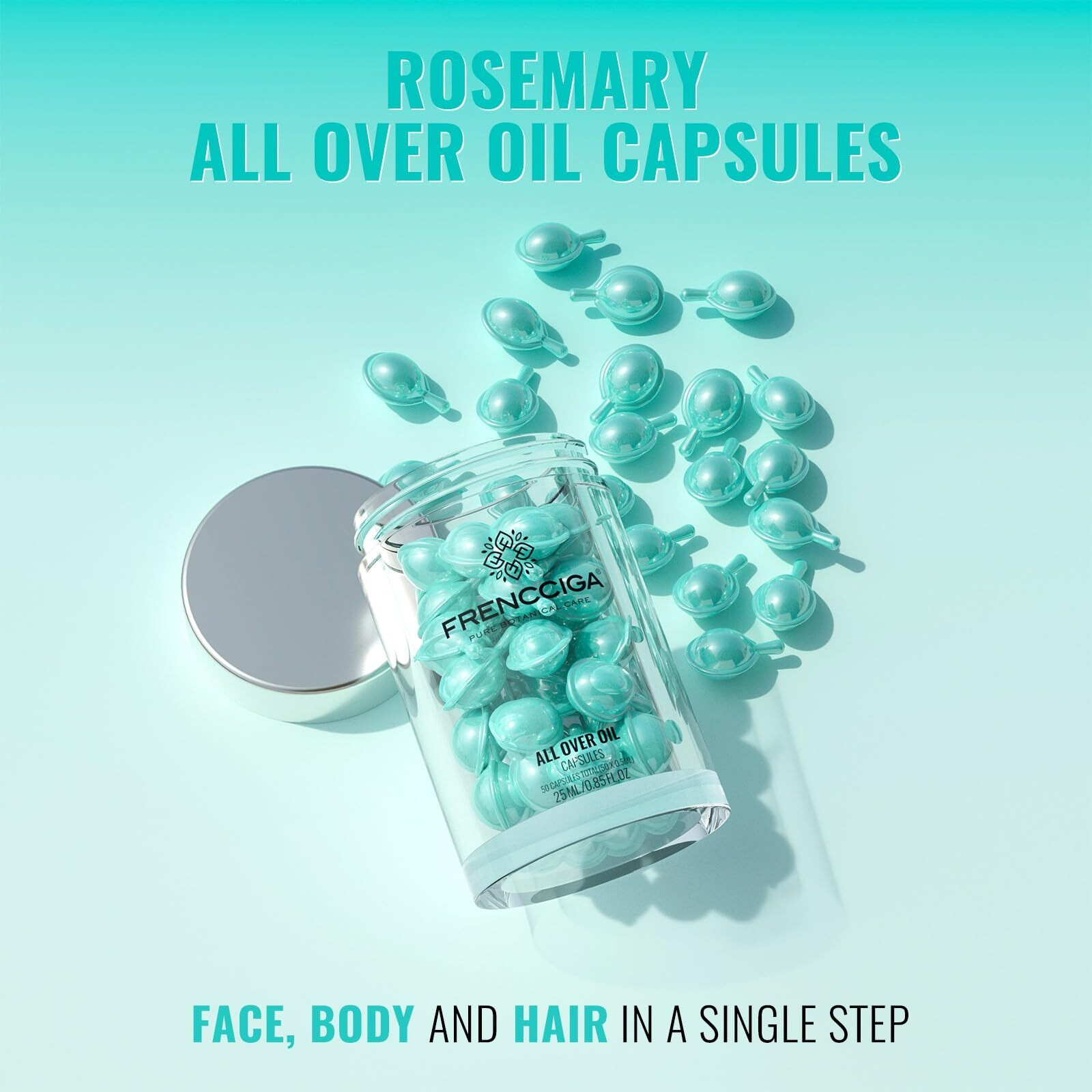 Frencciga Rosemary All Over Oil Capsules, Rosemary Oil Serum Locking In Moisture & Nourishes For Hair, Scalp, Face & Body 50 Capsules