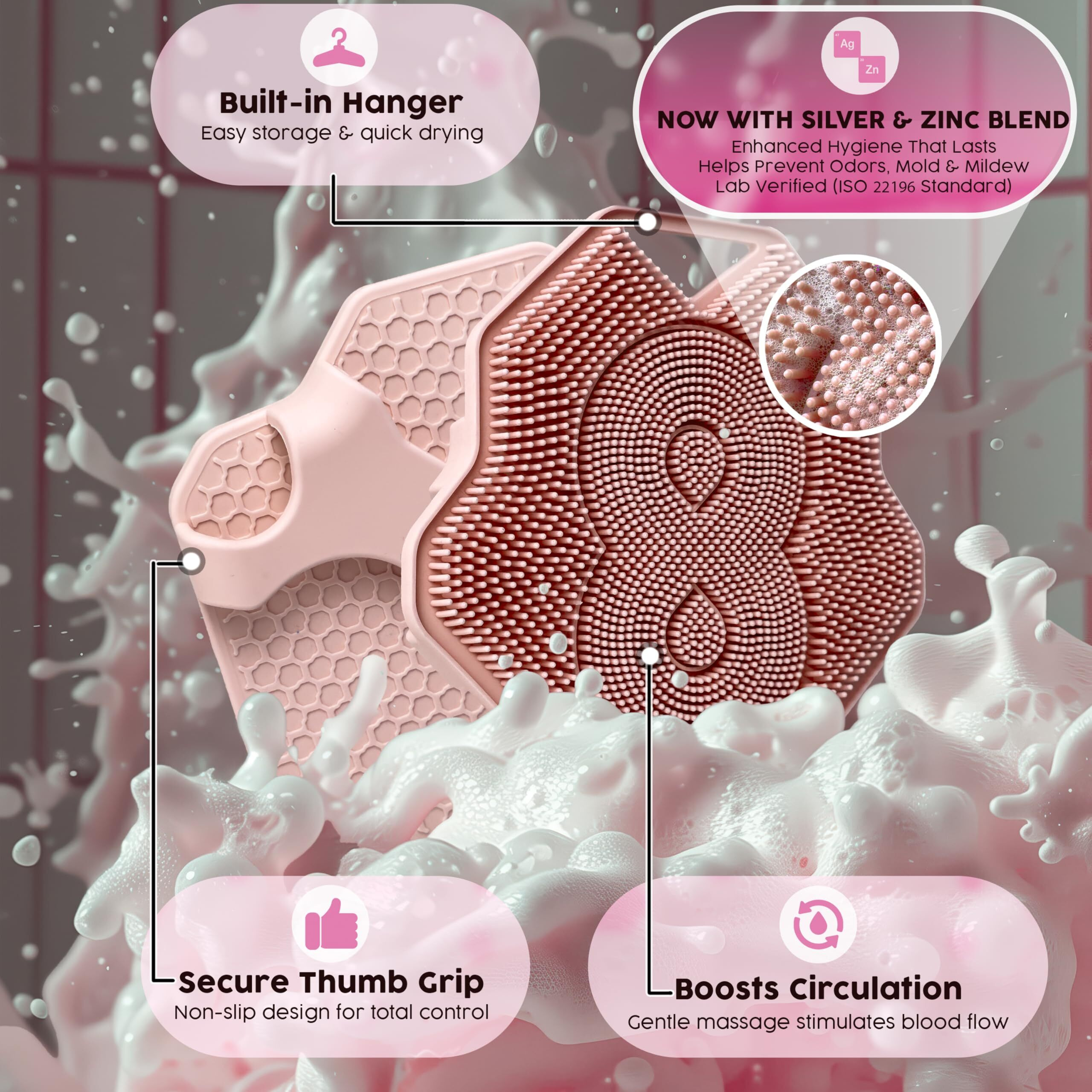Lintach Silicone Body Scrubber For Women - Gentle Exfoliating Body Scrubber, Ergonomic Silicone Shower Scrubbers, Reusable, Hygienic Skin Friendly Shower Bath Loofah For A Smooth Skin, Rose Pink
