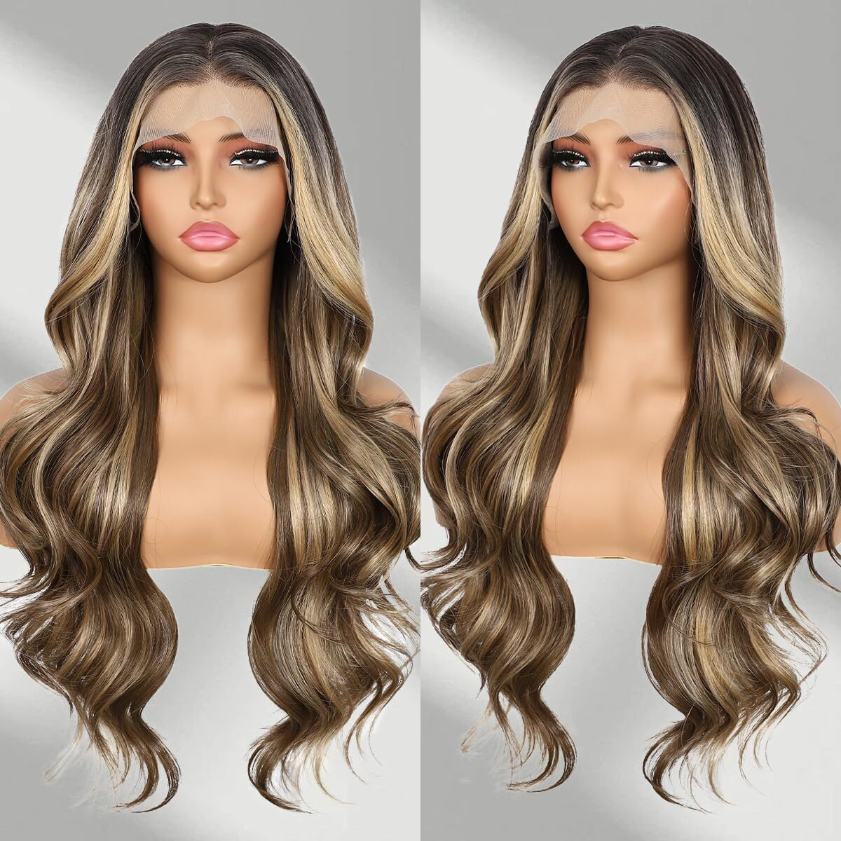 Babehers Brown Mix Blonde Lace Front Wig For Women 13X4 Body Wave Synthetic Wigs Highlight Pre-Plucked Long Wavy 150% Density For Daily Party Use 26 Inch