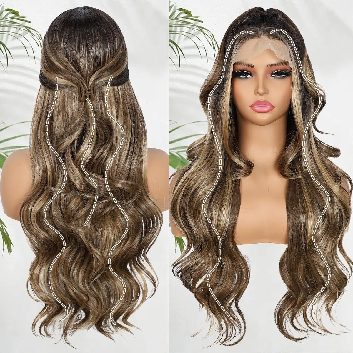 Babehers Brown Mix Blonde Lace Front Wig For Women 13X4 Body Wave Synthetic Wigs Highlight Pre-Plucked Long Wavy 150% Density For Daily Party Use 26 Inch