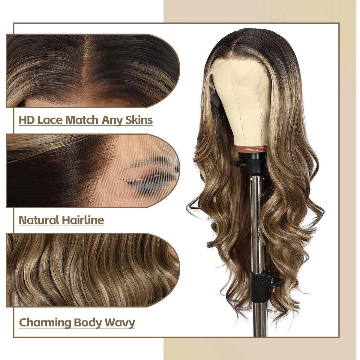 Babehers Brown Mix Blonde Lace Front Wig For Women 13X4 Body Wave Synthetic Wigs Highlight Pre-Plucked Long Wavy 150% Density For Daily Party Use 26 Inch