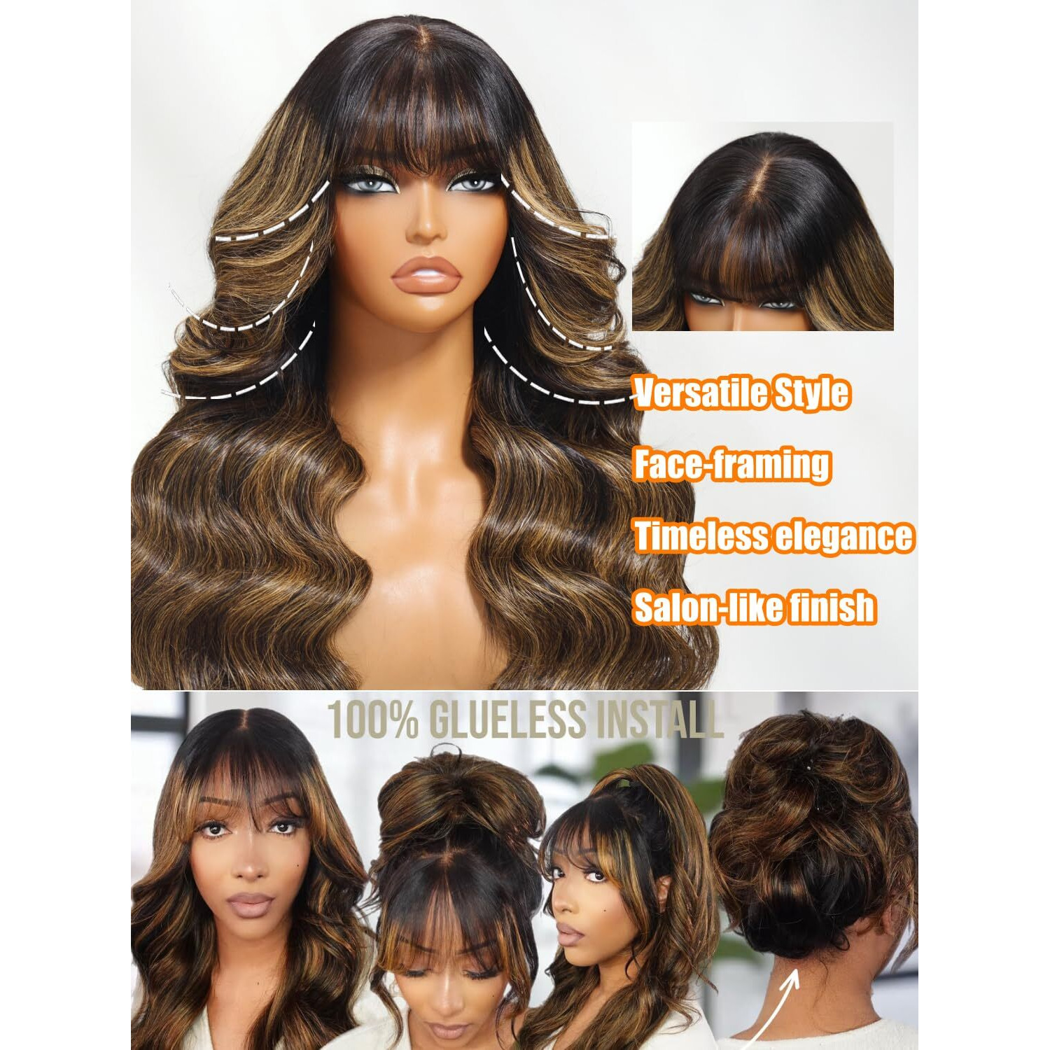 Julia Hair Pre Everything Glueless 13X4 Hd Lace Front Wigs Human Hair Pre Plucked Pre Cut Balayage Highlight Body Wave Curtain Bangs Bye Bye Knots Drawstring Wigs Ready To Wear Frontal Wig 24 Inch