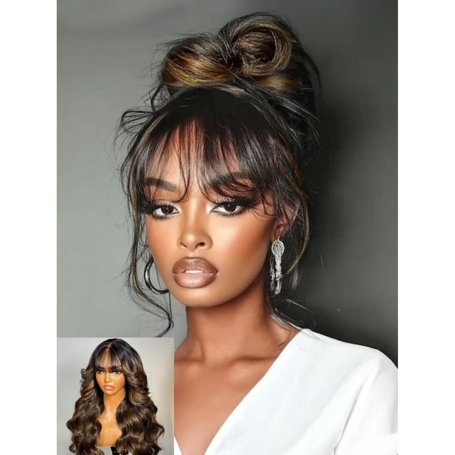 Nadula 24 Inch Balayage Brown Loose Body Wave Curtain Bangs Wig Human Hair With Drawstring, Glueless Pre Cut 7X5 Hd Bye Bye Knots Lace Front Wigs Pre Plucked,Ready To Wear 180% Density
