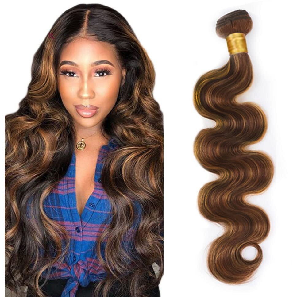 P4/30 Highlight Body Wave Bundle Brown Human Hair Bundle Brazilian 100% Unprocessed Virgin Extensions Double Weft Piano Color 12 Inch