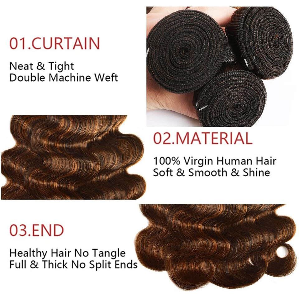 P4/30 Highlight Body Wave Bundle Brown Human Hair Bundle Brazilian 100% Unprocessed Virgin Extensions Double Weft Piano Color 12 Inch