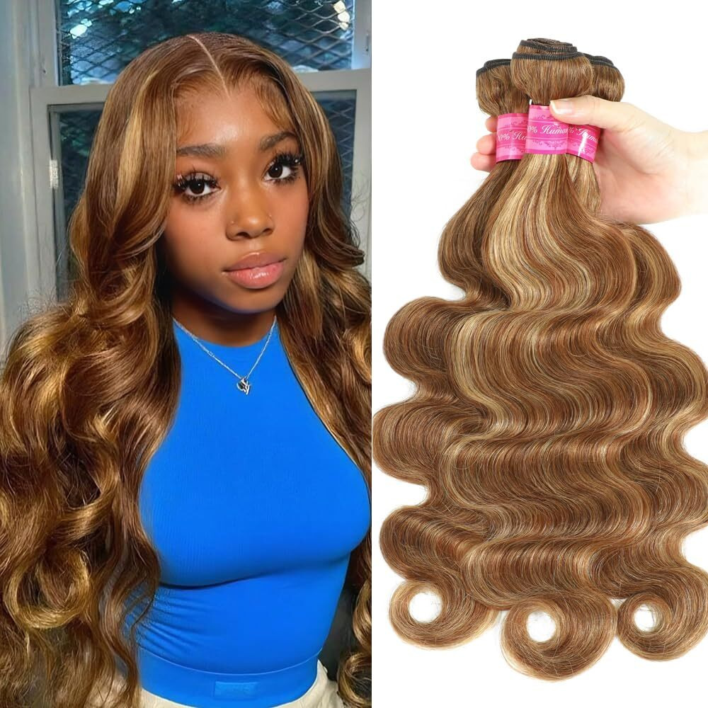 Ombre Brown Highlight Body Wave 4 Bundles 100% Unprocessed Brazilian Virgin Hair Honey Blonde Highlight Human Hair Body Wave Bundles For Black Women Piano Color P4/27