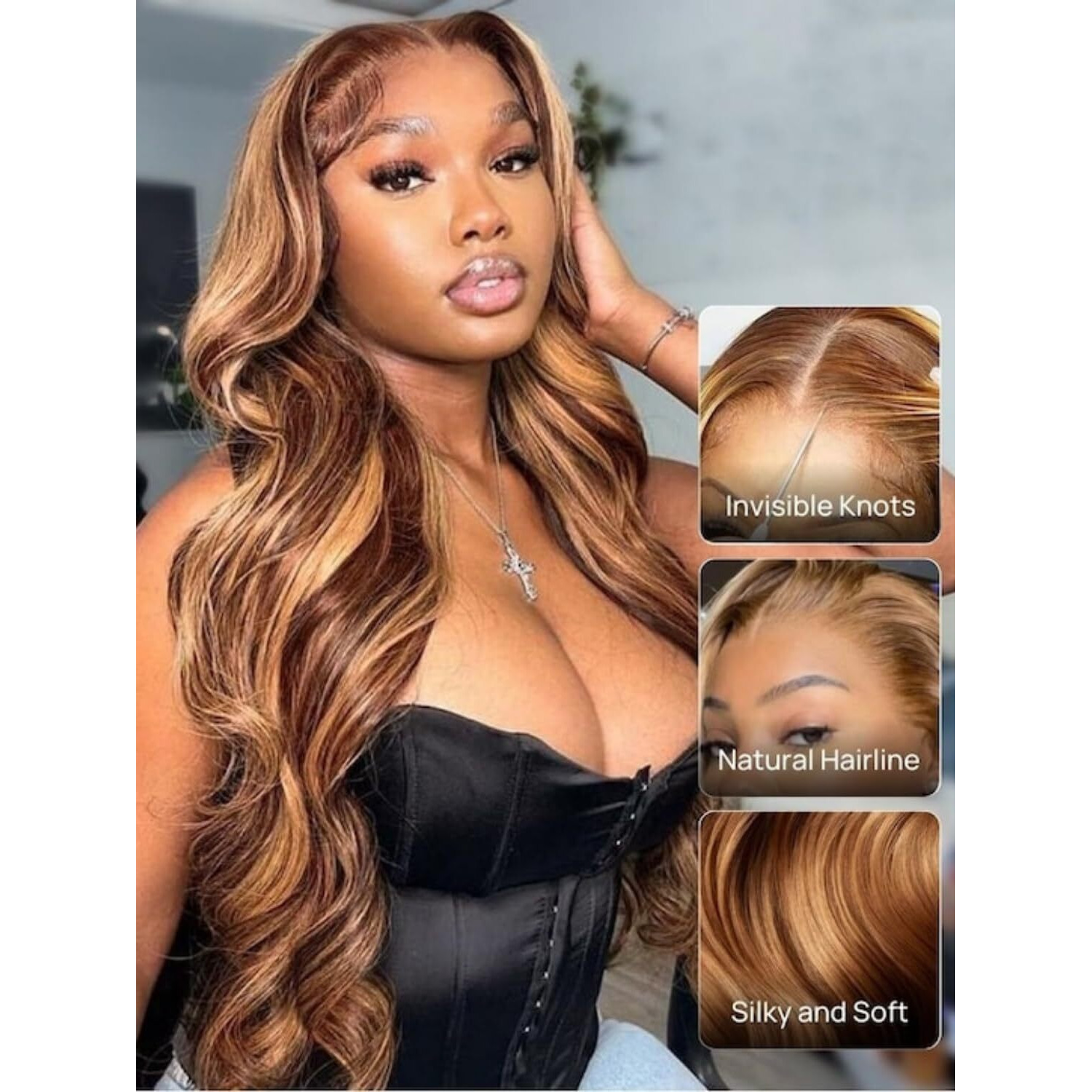 Nadula Honey Blonde Bye Bye Knots Glueless Drawstring Wig Human Hair, 7X5 Hd Pre Cut Body Wave Lace Front Wig Pre Plucked Bleached Knots, Pre Everything Glueless Ready To Wear Highlight Wig 20Inch