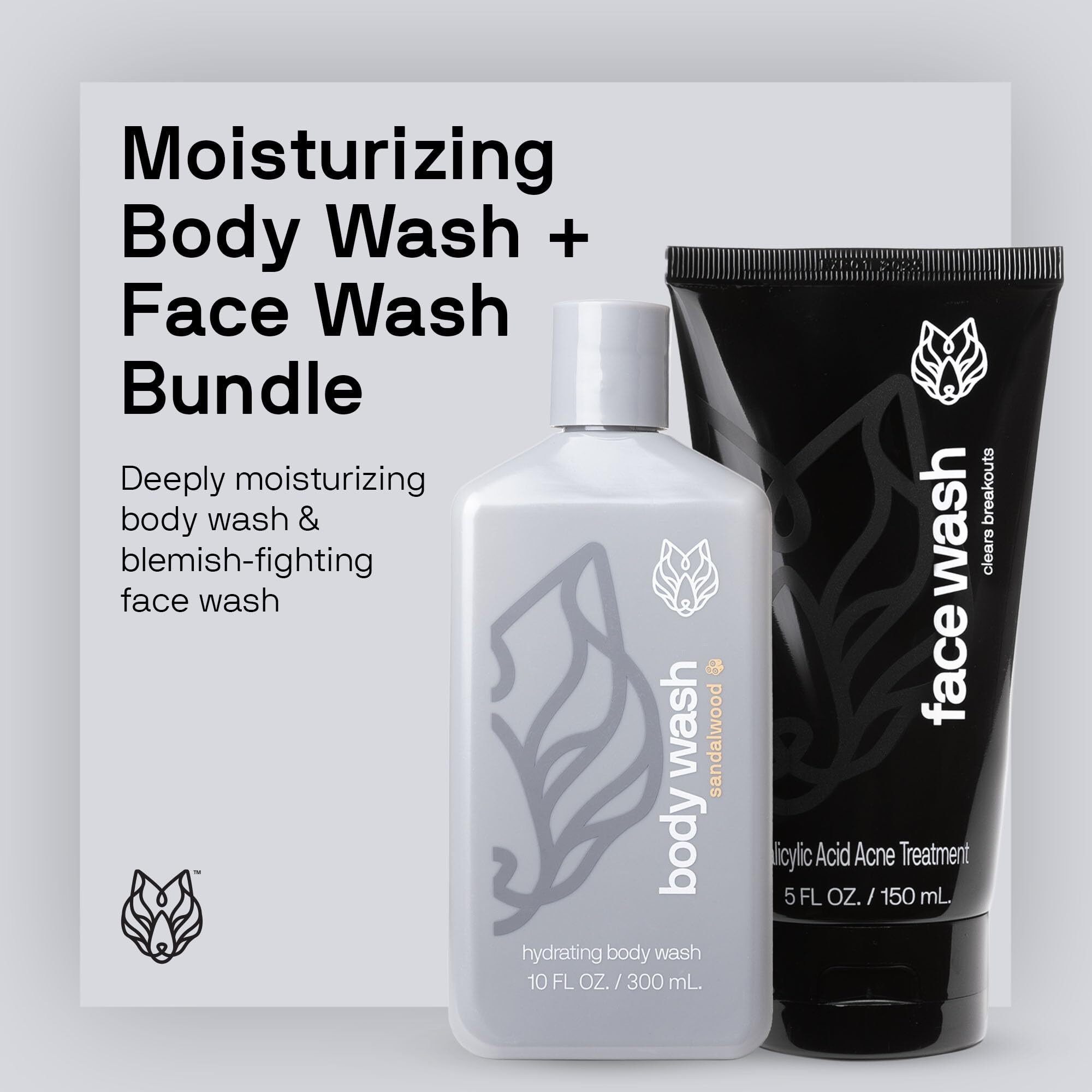 Black Wolf Moisturizing Body Wash & Charcoal Face Wash Set For Men - Daily Grooming & Hygiene Essentials For Mens Skin Care