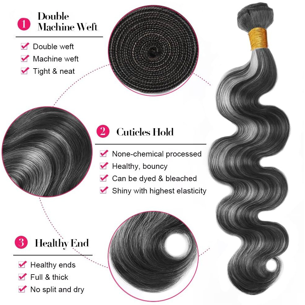 Highlight Bundles P1Bgray Body Wave Human Hair Bundle Ombre Grey Virgin Hair Two Tone Black Mixed With Silver Bundle 1Bgrey Body Wave 3 Bundles 20 20 20 Inch