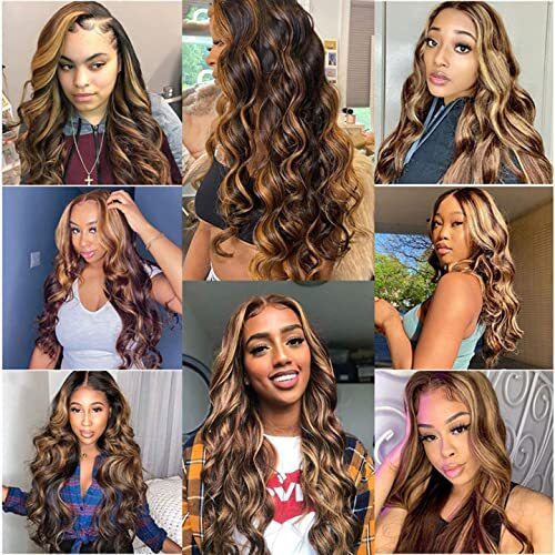 P4/27 Blonde Bundles Human Hair Body Wave Bundles Human Hair 24 26 28 Inch Brazilian Hair 3 Bundle Highlight Brown Unprocessed Virgin Remy Hair Extensions 50 Gram Per Bundle