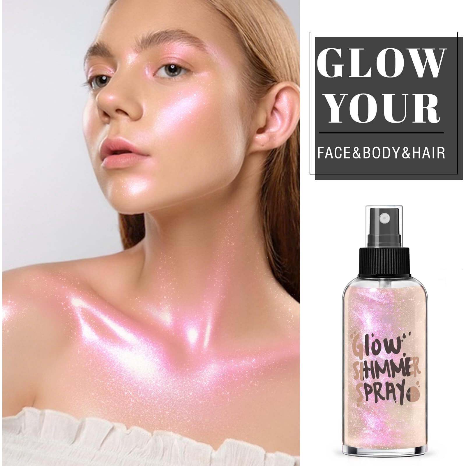 Hosaily Body Glitter Spray - Rose Gold Body Shimmer For Face, Hair & Body, Moisturizing Luminizer Glow Illuminator, Quick-Drying Sparkling Glitter Spray Liquid Highlighter Makeup (08)
