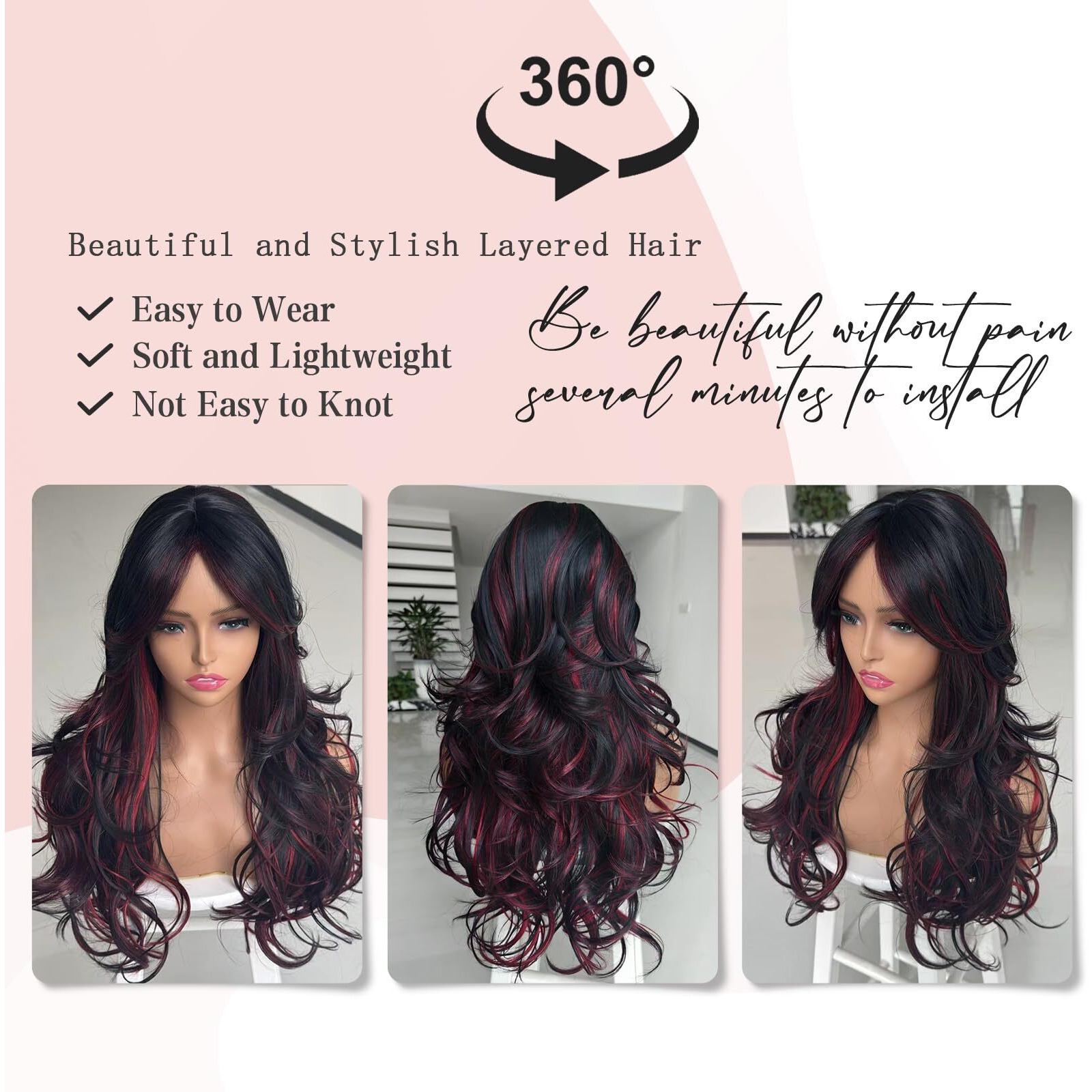 Jolelyne Highlight Burgundy Layered Wavy Wig With Curtain Bangs For Women Synthetic Black Mixd Red Highlights Wig Long Curly Natural Body Wave Butterfly Hair For Daily Party Use 24Inch Mixd Red