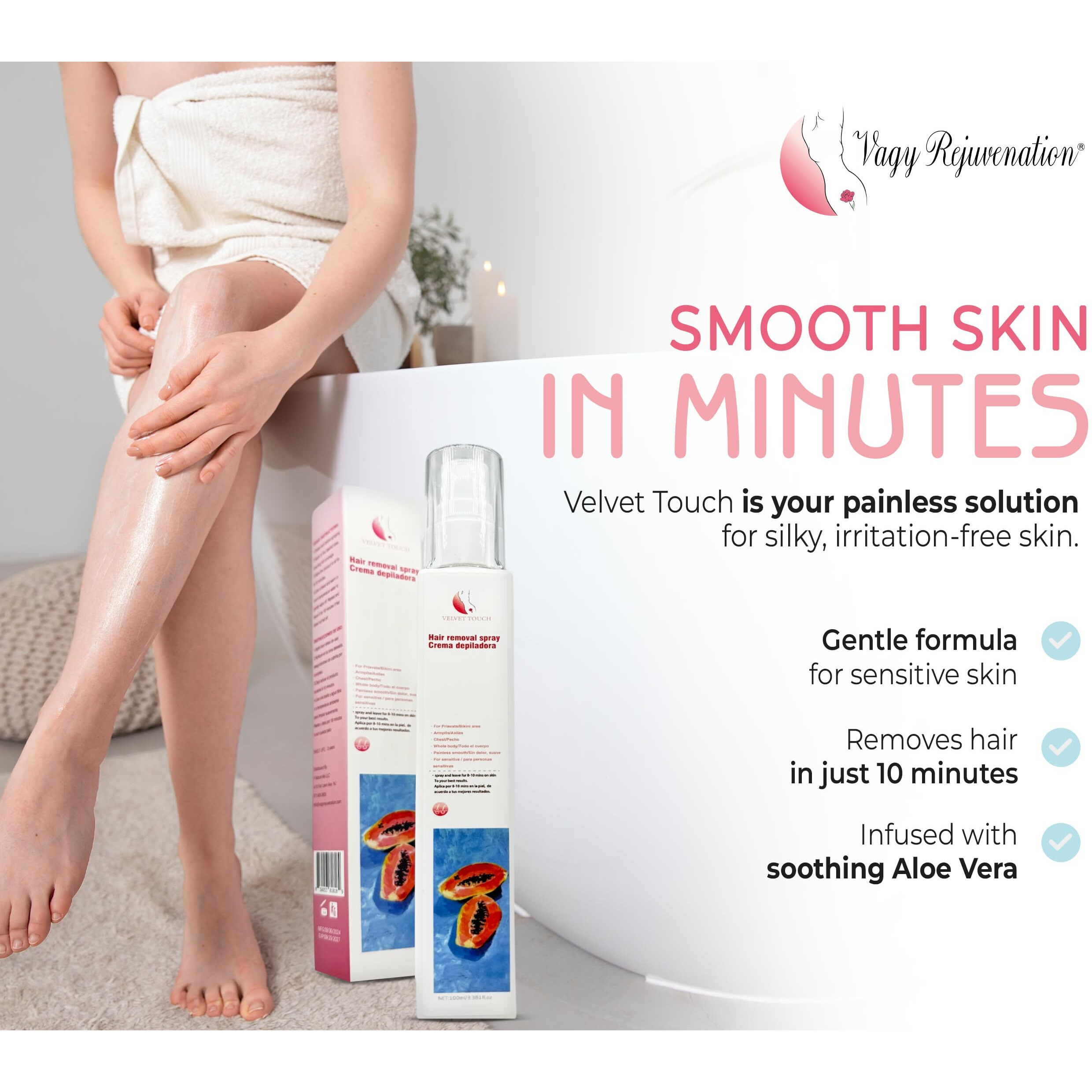 Vagy Rejuvenation Velvet Touch Depilatory Cream - Gentle Hair Removal For Sensitive Skin - Full Body Use - Pain-Free Hair Removal With Refreshing Papaya Scent