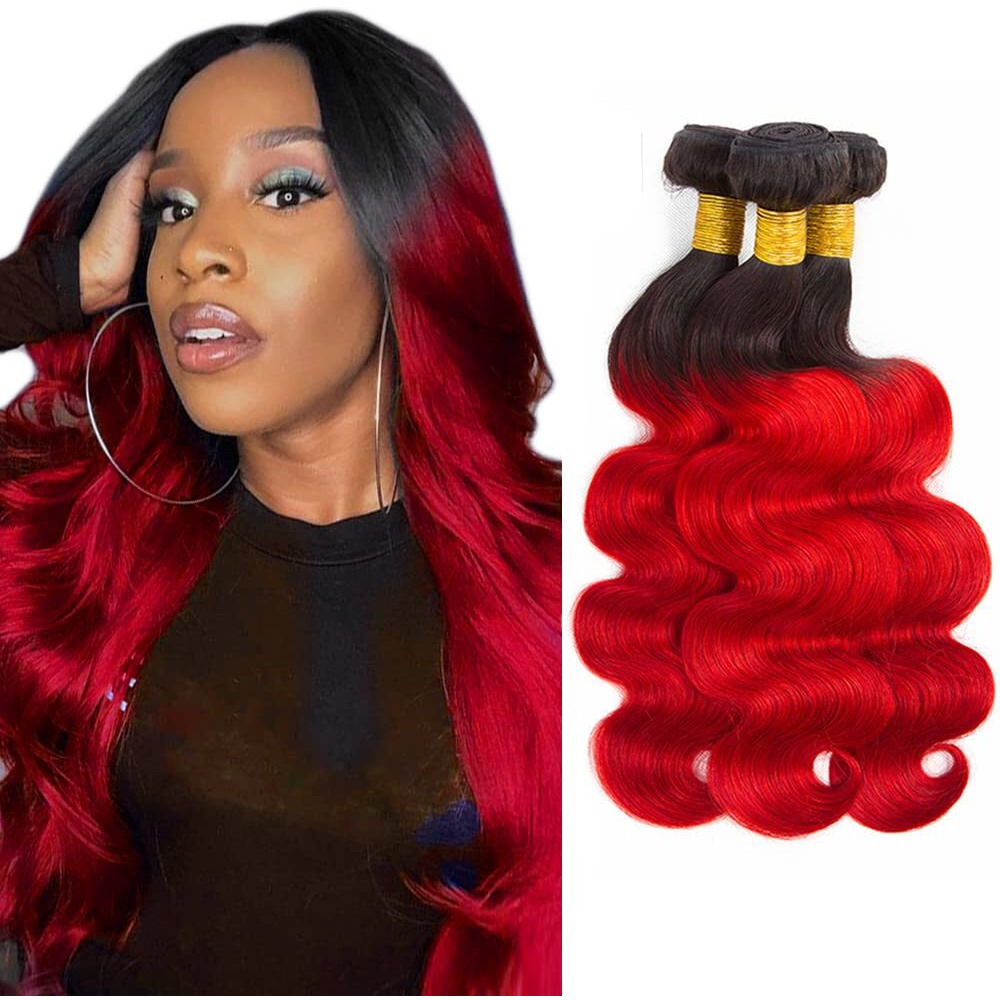 Red Body Wave Bundles Ombre Human Hair Bundle Tow Tone Black To Red Bundles 100% Unprocessed Virgin Hair Extensions 14 16 18 Inch