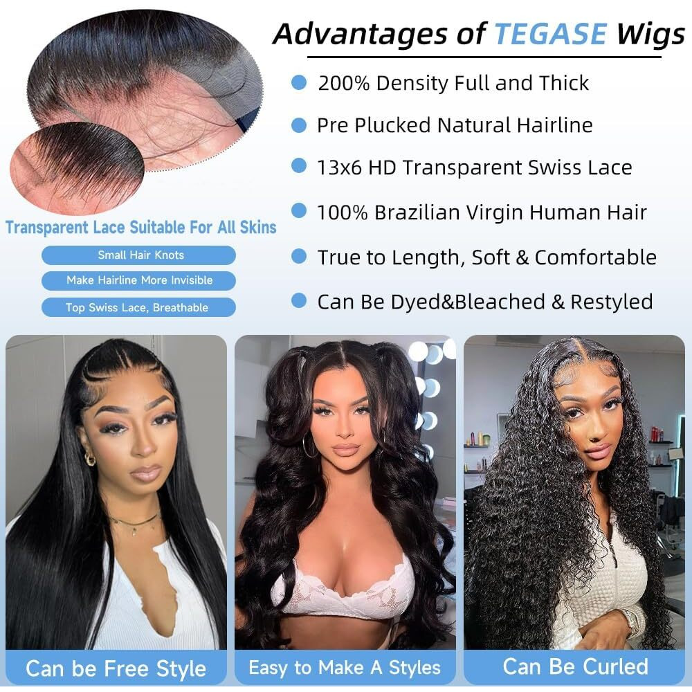 Tegase Body Wave Lace Front Wigs Human Hair Pre Plucked 200% Density Human Hair Lace Front Wigs 13X6 Lace Frontal Wigs Human Hair For Women Natural Color Real Wig 26 Inch
