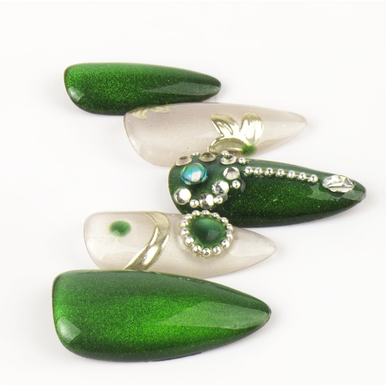 Lydelog Handmade Press On Nails, Medium Almond Hand-Painted False Nails With Jelly Glue, Salon Quality Nail Art Sets In Almond Nails 10 Pcs (Verdant Sunburst, M)