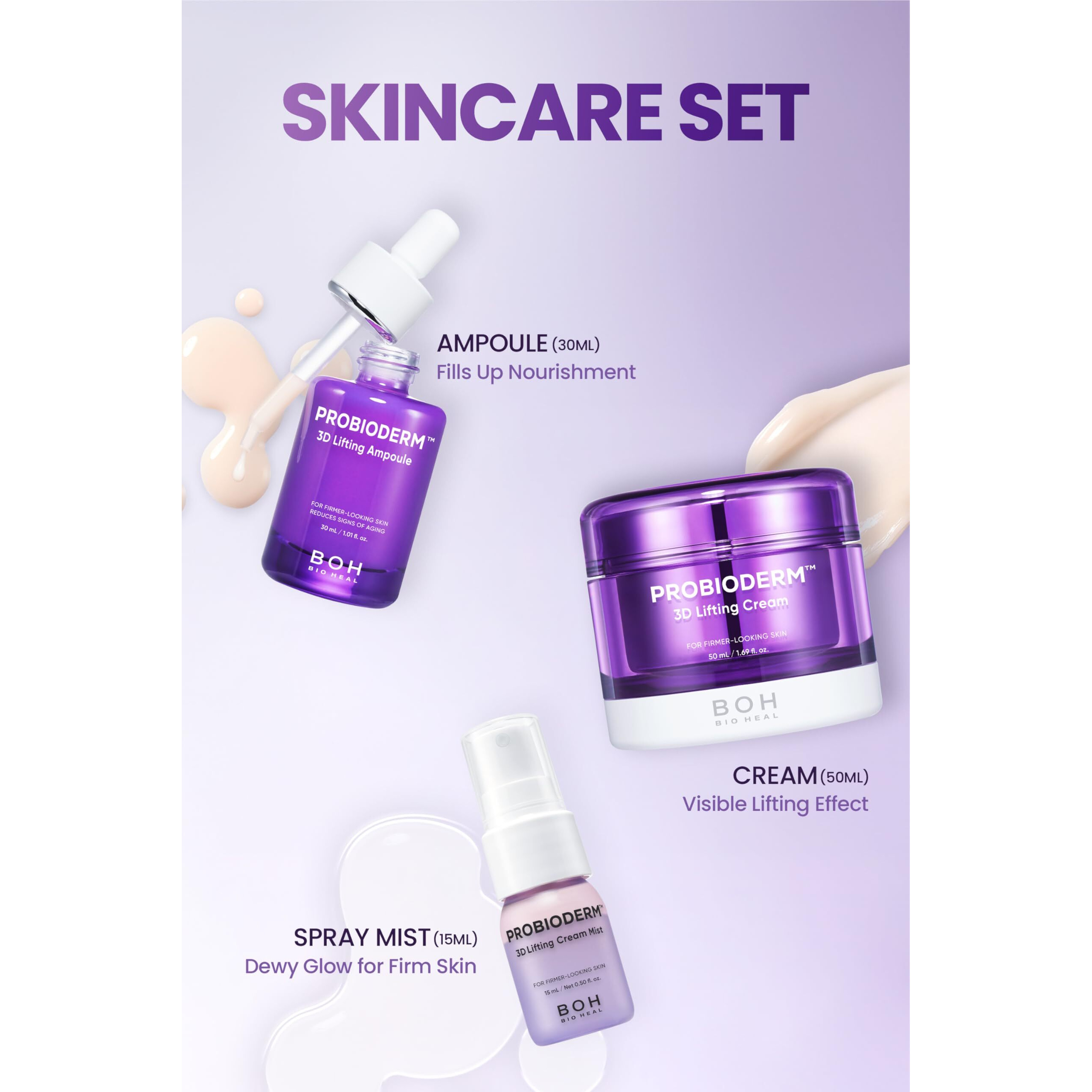 Bioheal Boh Probioderm 3D Lifting Skincare Set | Anti-Aging Face Moisturizer Night Cream, Ampoule & Facial Serum Spray | Korean Skin Care Kit For Firming & Hydration | K Beauty Gift Set For Women