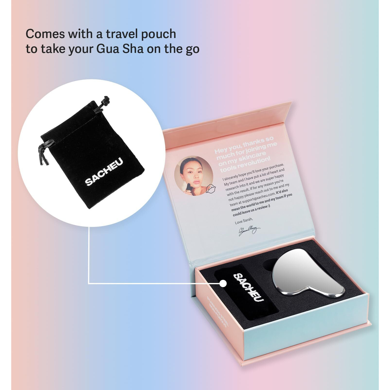 Sacheu Gua Sha Facial Tools Muscle Scraper - Face Gua Sha For Enhanced Lymphatic Drainage, Reduced Puffiness And Relieved Facial Tension, Metal Face Sculpting Tool With Travel Pouch