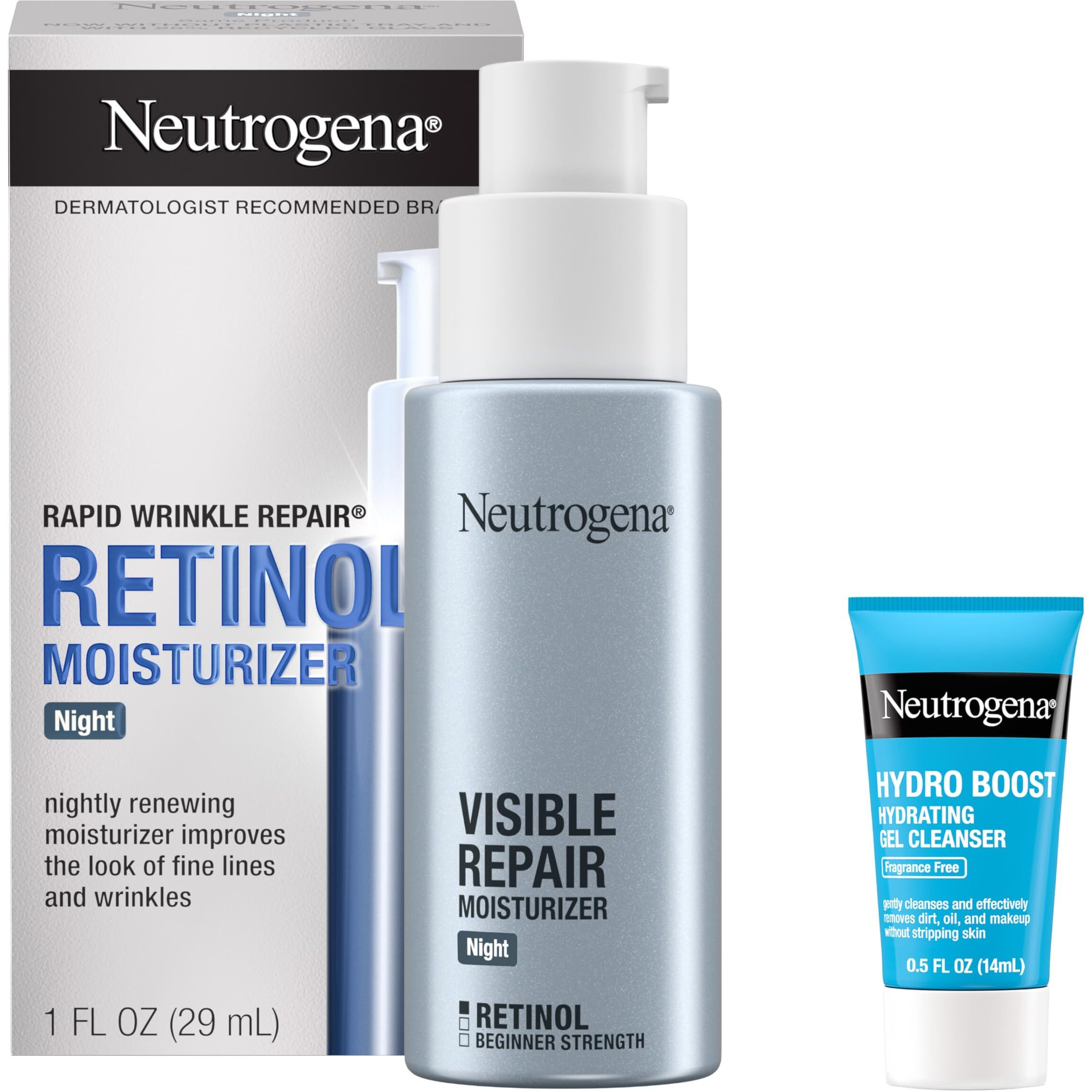 Neutrogena Rapid Wrinkle Repair Retinol Face Moisturizer Night Cream, Anti-Aging Face Cream With Retinol & Hyaluronic Acid, 1 Fl. Oz + Trial Size Hydro Boost Facial Cleanser, 0.5 Fl. Oz