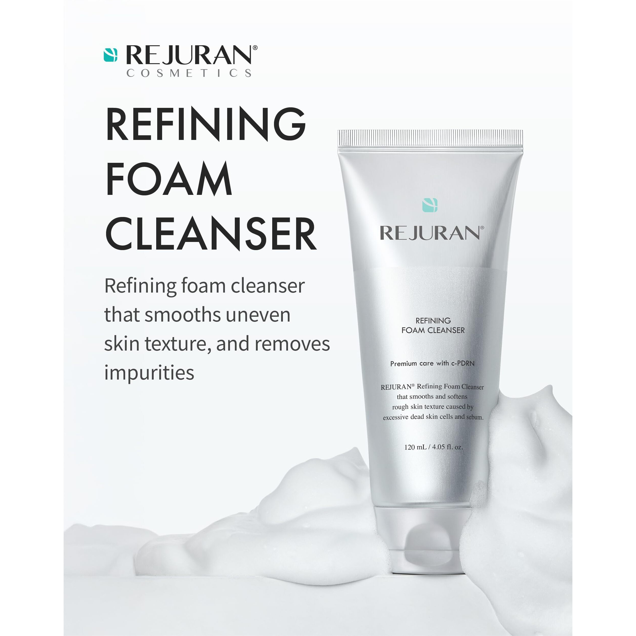 Rejuran Refining Foam Cleanser, C-Pdrn - Hydrating & Gentle For Smoother, Clearer Skin, Minimizes Pores & Balances With Hyaluronic Acid & Tanin Complex, Korean Skin Care (4.05 Fl Oz)