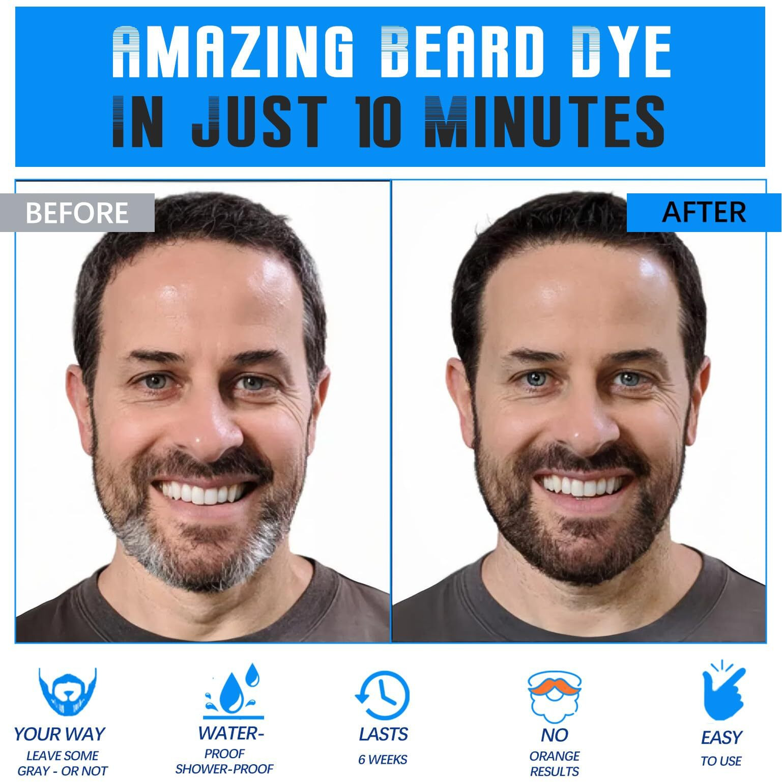 Mens Beard & Mustache Dye Shampoo, Instant 100% Grey Hair Coverage, 3 In 1 Black Beard Color Shampoo For Men Facial Hair, Easy To Use & Dermatologist Tested, 200Ml