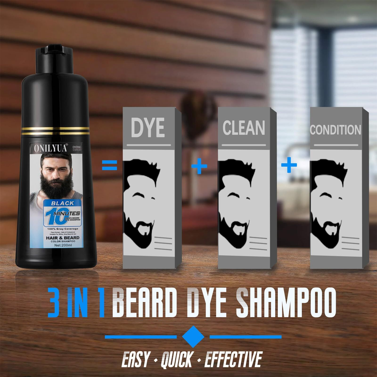 Mens Beard & Mustache Dye Shampoo, Instant 100% Grey Hair Coverage, 3 In 1 Black Beard Color Shampoo For Men Facial Hair, Easy To Use & Dermatologist Tested, 200Ml