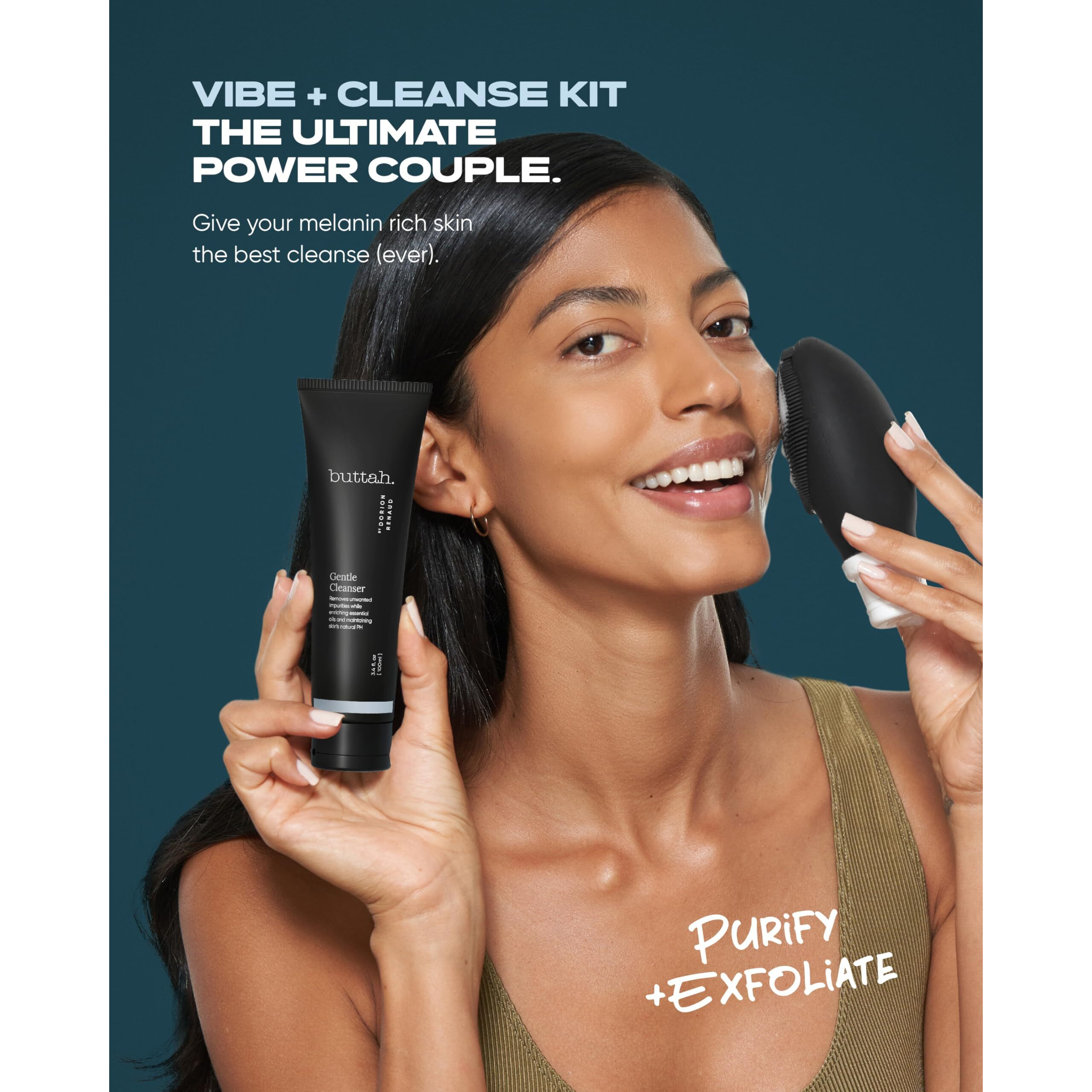 Buttah Skin By Dorion Cleanse + Vibe Brush Kit | Vibe Cleansing Face Brush | Buttah Facial Cleanser 3.4Oz | 2-Speed Sonic Pulsating - Gentle Exfoliation - Water Resistant