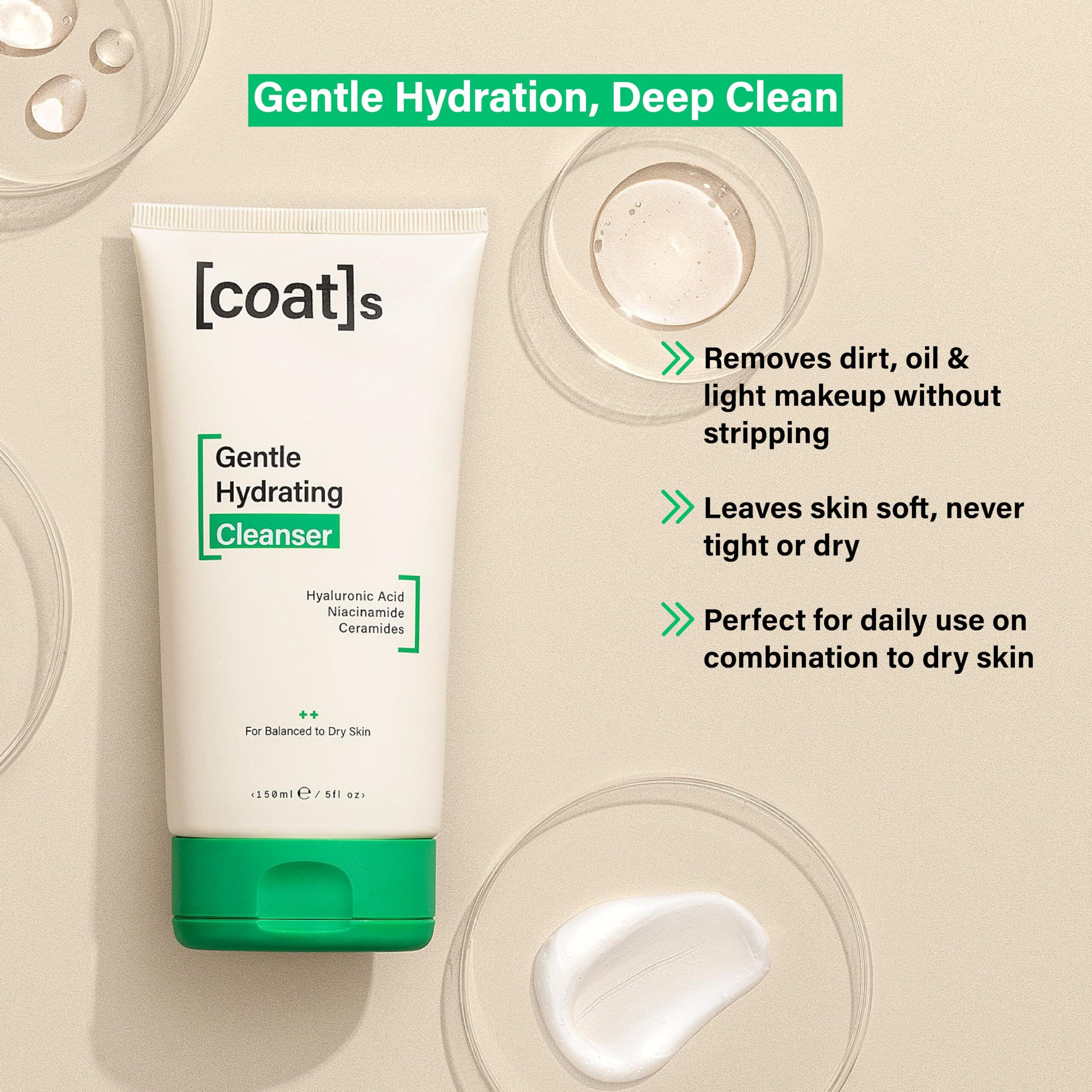 Coats Gentle Hydrating Cleanser [5Oz] - Moisturizing Face Wash W/Hyaluronic Acid - Preppy Skincare- Fragrance-Free, Vegan, Clean Skincare For Teens, Combo To Dry Skin - 30 Day Supply