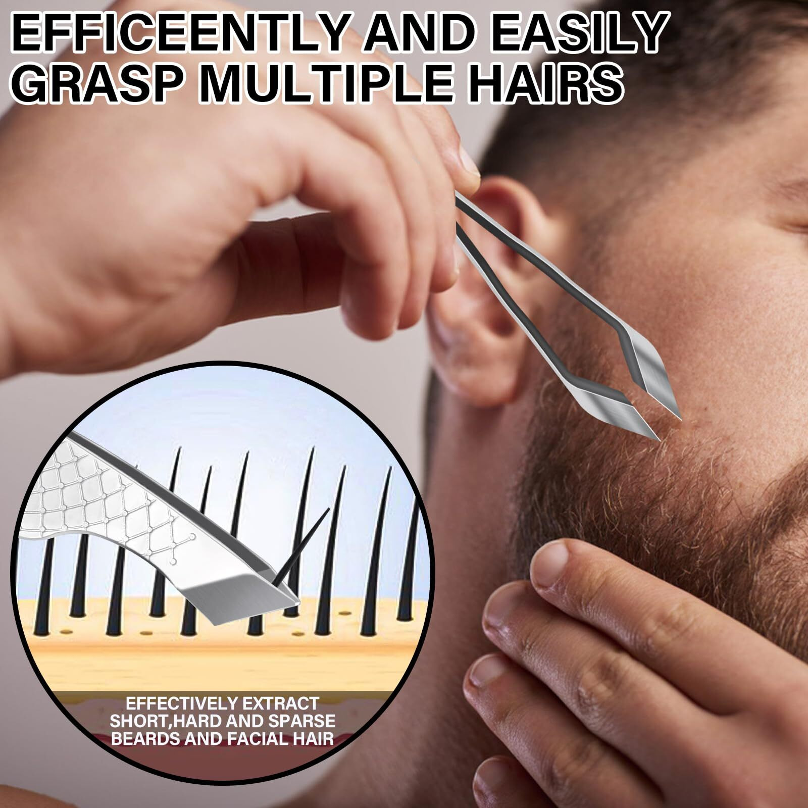 Shaped Beard & Facial Hair Tweezers For Men & Women - 18Mm/0.71 Inch Wide Slant Tip Multi-Hair Plucking For Eyebrows, Underarms - Anti-Slip Grip With Elegant Brown Pu Storage Pouch