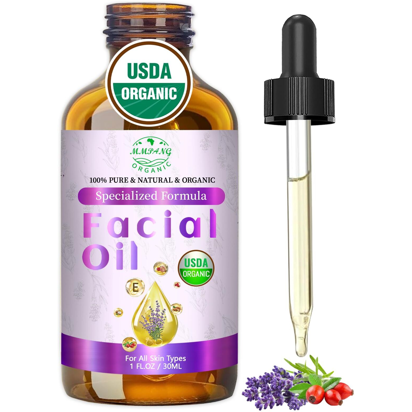 Mmpang Organic Face Oil With Rosehip, Frankincense, Pomegranate & Vitamin E - Usda Certified Cold Pressed 100% Natural Anti-Aging Facial Oil For Moisturizing, Brightening & Youthful Glow - 1Oz / 30Ml