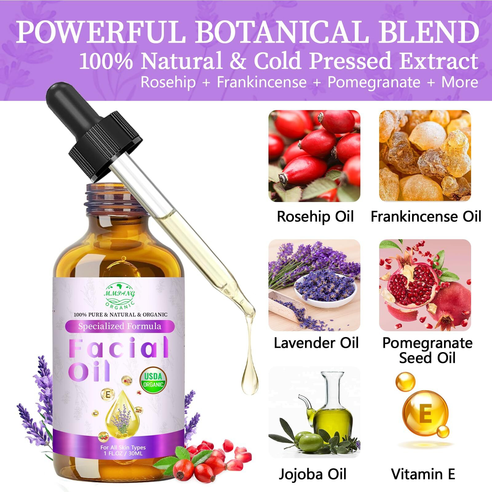 Mmpang Organic Face Oil With Rosehip, Frankincense, Pomegranate & Vitamin E - Usda Certified Cold Pressed 100% Natural Anti-Aging Facial Oil For Moisturizing, Brightening & Youthful Glow - 1Oz / 30Ml
