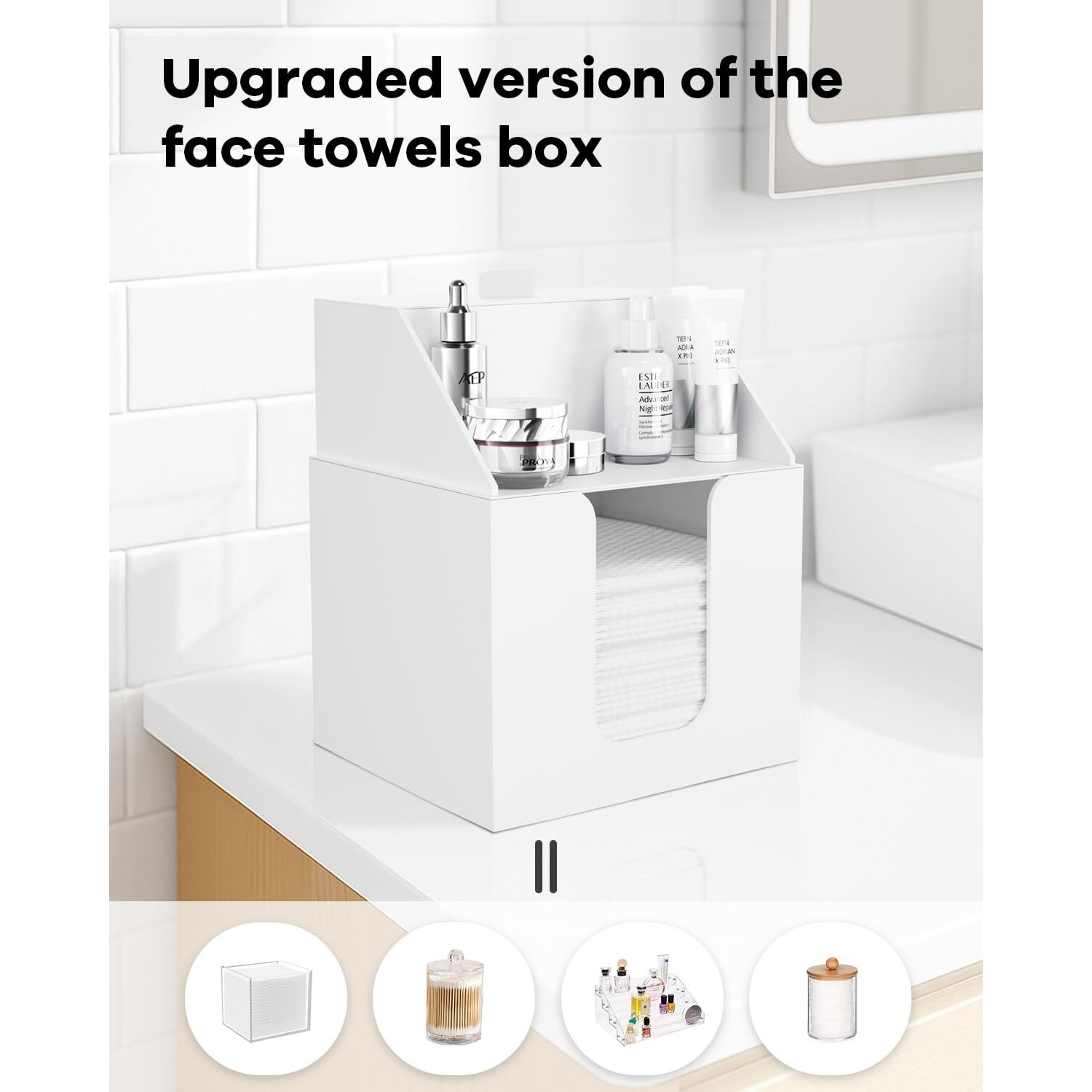 Tainess Disposable Facial Towels Storage Box Compatible With Clean Skin Club Clean Towel Xl - Cotton Pads - Swabs Upgraded Double Layer Acrylic Storage Container Face Towel Holder (Matte White)