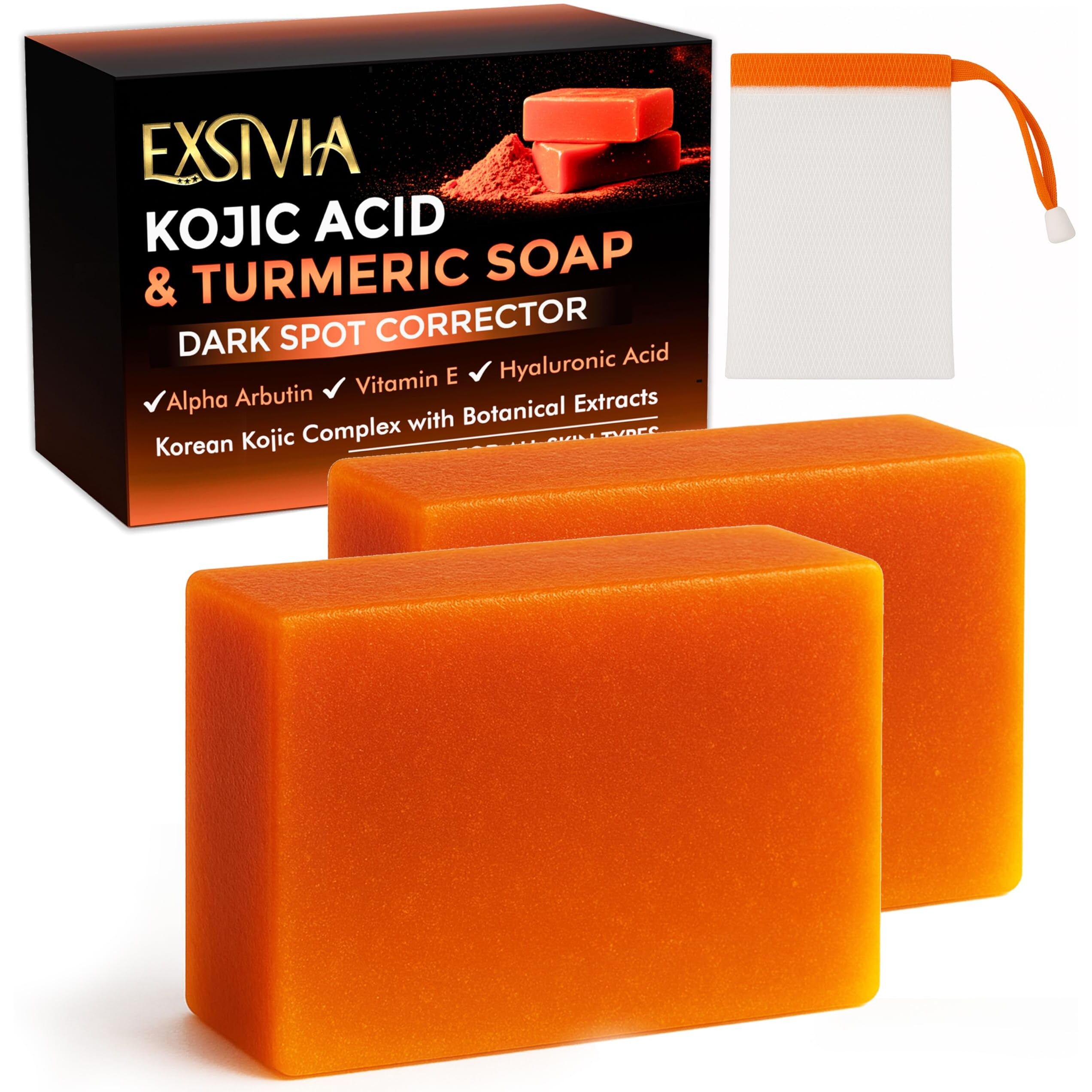 Exsivia Kojic Acid & Turmeric Dark Spot Corrector Soap Bar With Vitamin C Hyaluronic Acid, Shea Butter & Rosehip Oil, Original Korean Kojic Complex Balancing Cleanser For All Skin Types (2)
