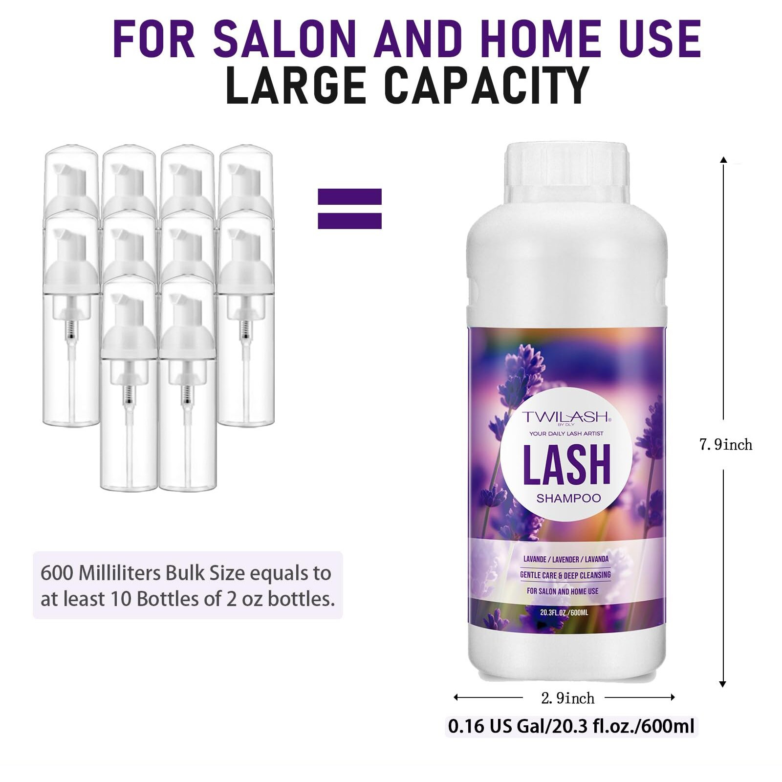 600Ml Lash Shampoo Bulk, Eyelash Cleanser For Extensions, Safe Makeup Remover, Non-Irritating Or Burning Formula Eyelid Foaming Cleanser Best For Professional Salon And Home Use (Lavender)