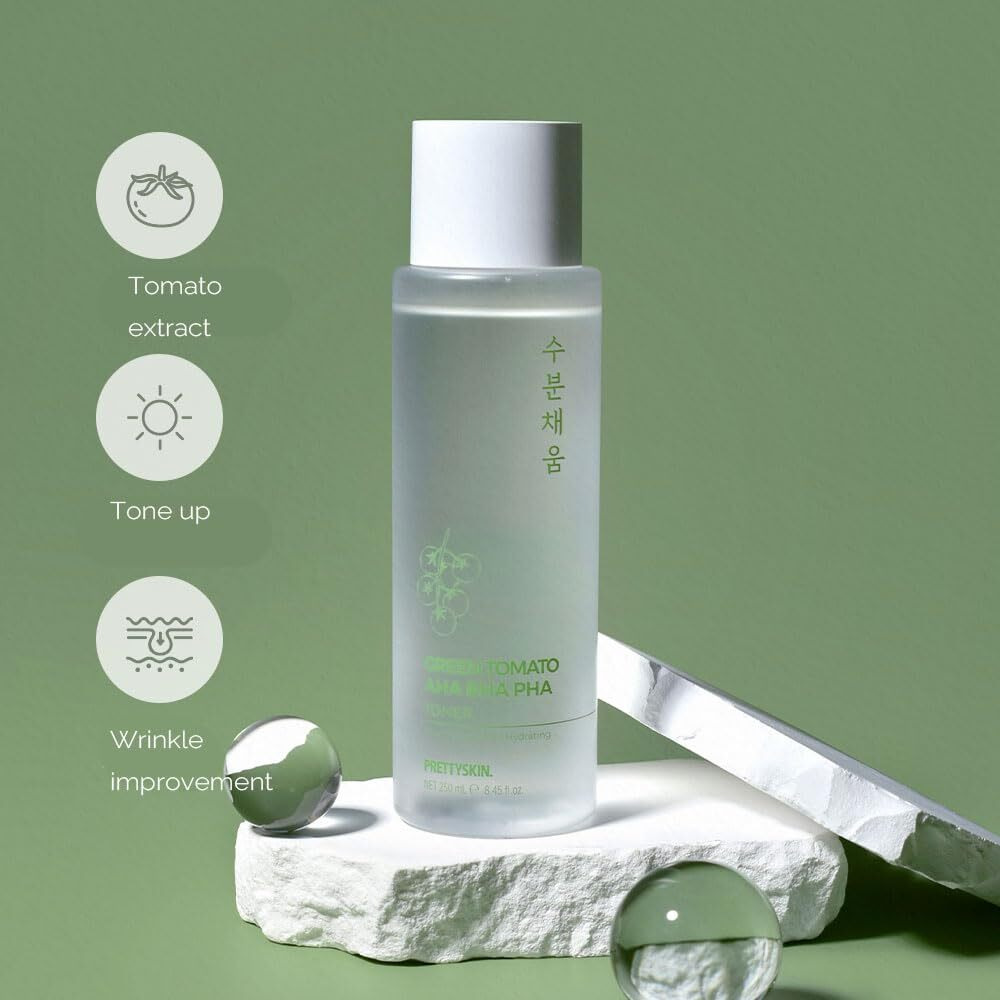 Prettyskin Moisturizing Facial Toner-Gentle Exfoliating & Moisture Boosting Formula - Tomato Extract + Vitamins B, D - For Smooth, Supple Skin 8.45Fl.Oz (250Ml) (Green Tomato Aha Bha Pha)