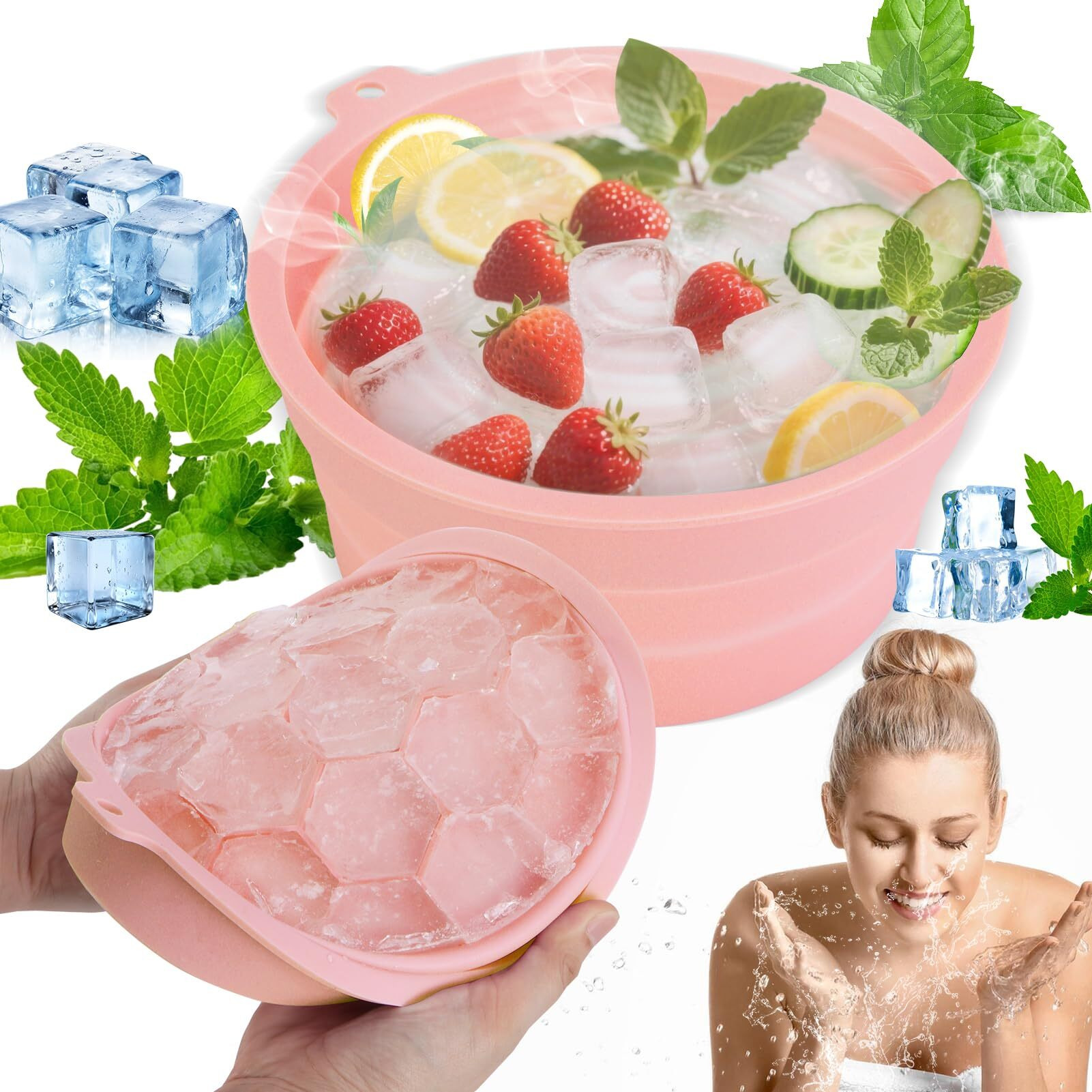Face Bowl For Ice Silicone Facial Bowls With Built - In Tray Foldable Washbasin For Face Tub Plunge & Cold Plunge Quick Skin Cooling In Ice Baths -Bath Spa Tool For Home Camping Travel & Pink