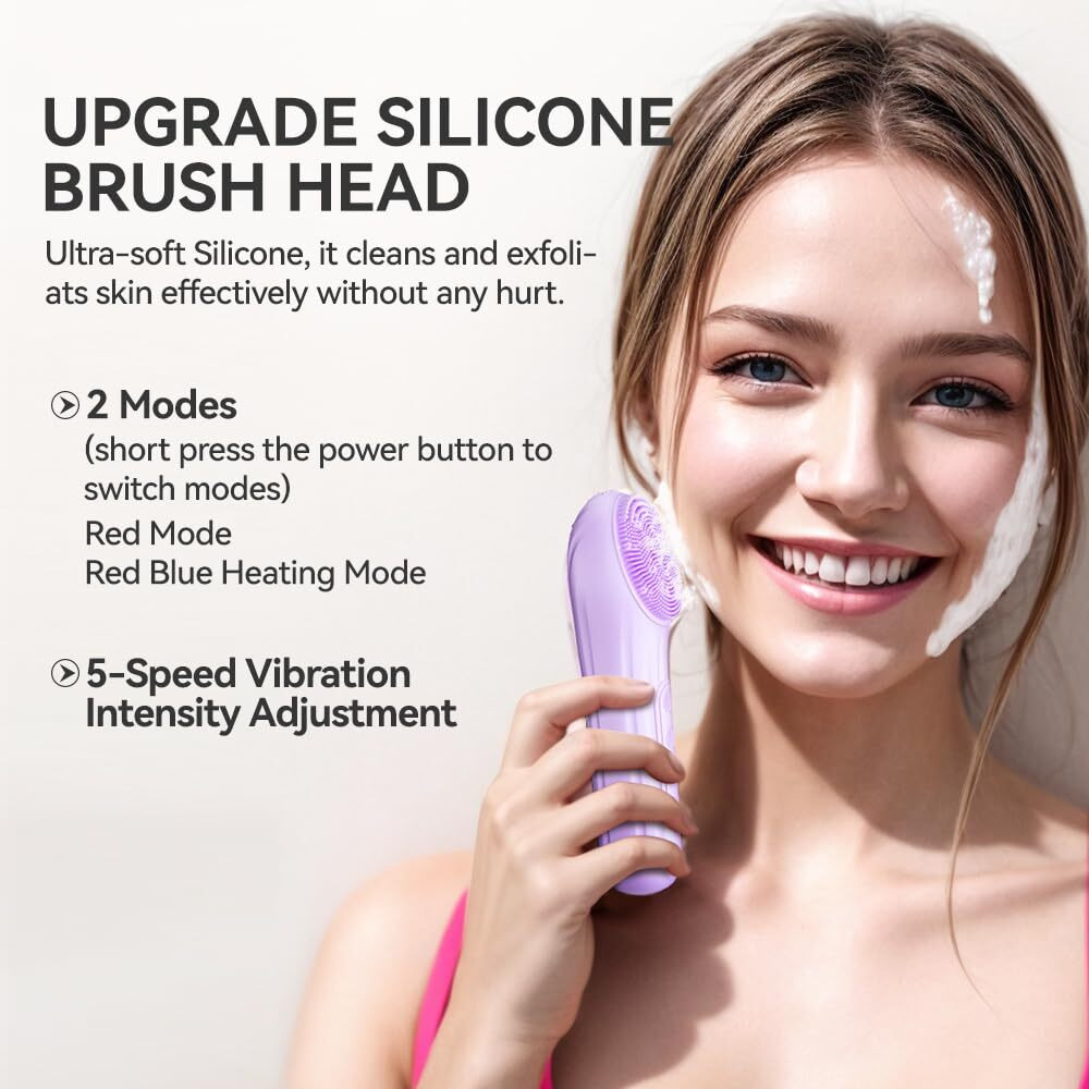 Silicone Face Scrubber, Facial Cleansing Brush With Heating And Vibration, Electric Waterproof Face Wash Brush With 5 Gears Strength For Exfoliating, Deep Cleaning, And Face Massaging (Purple)